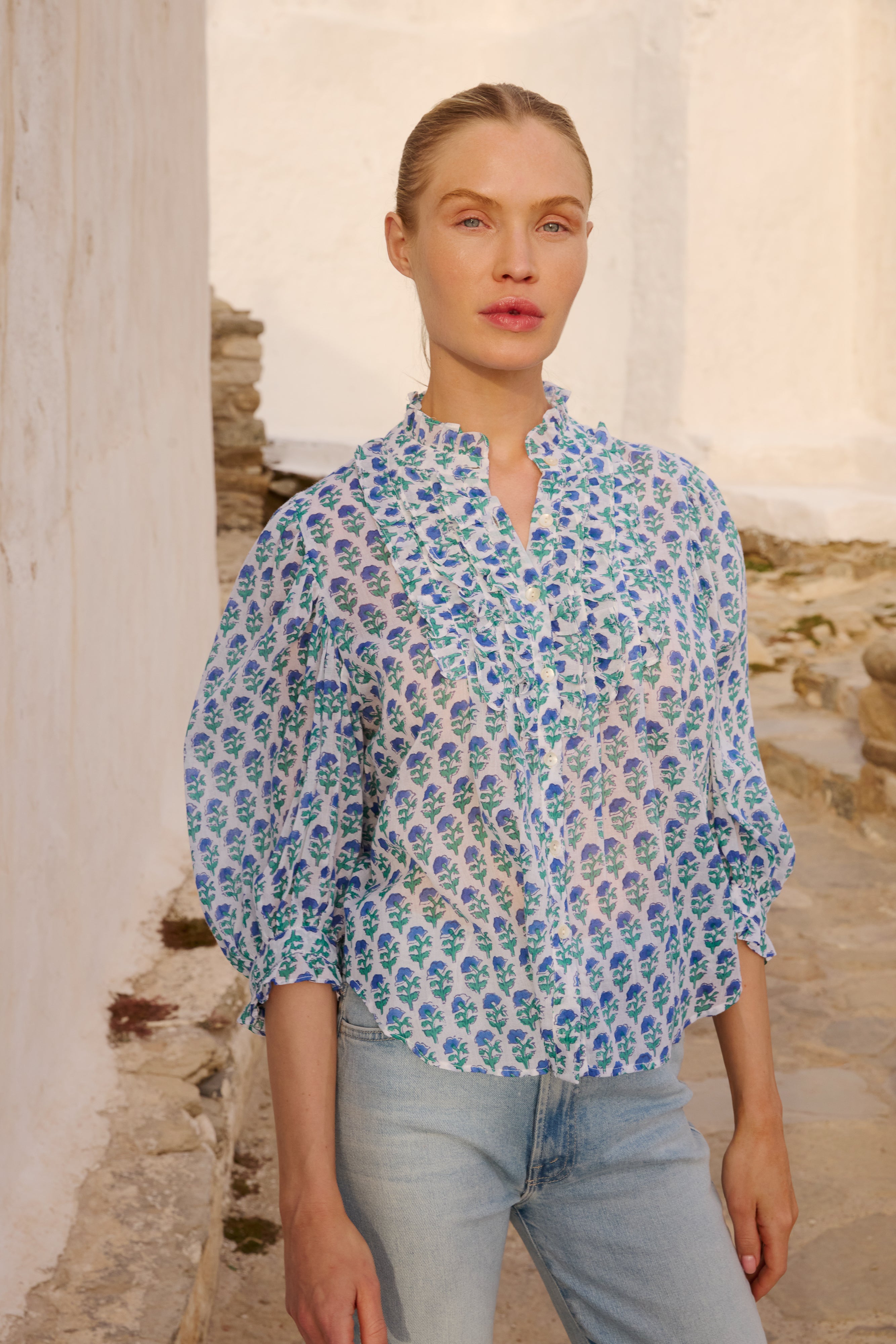 Ruffle Front Button Blouse- Boti Blue