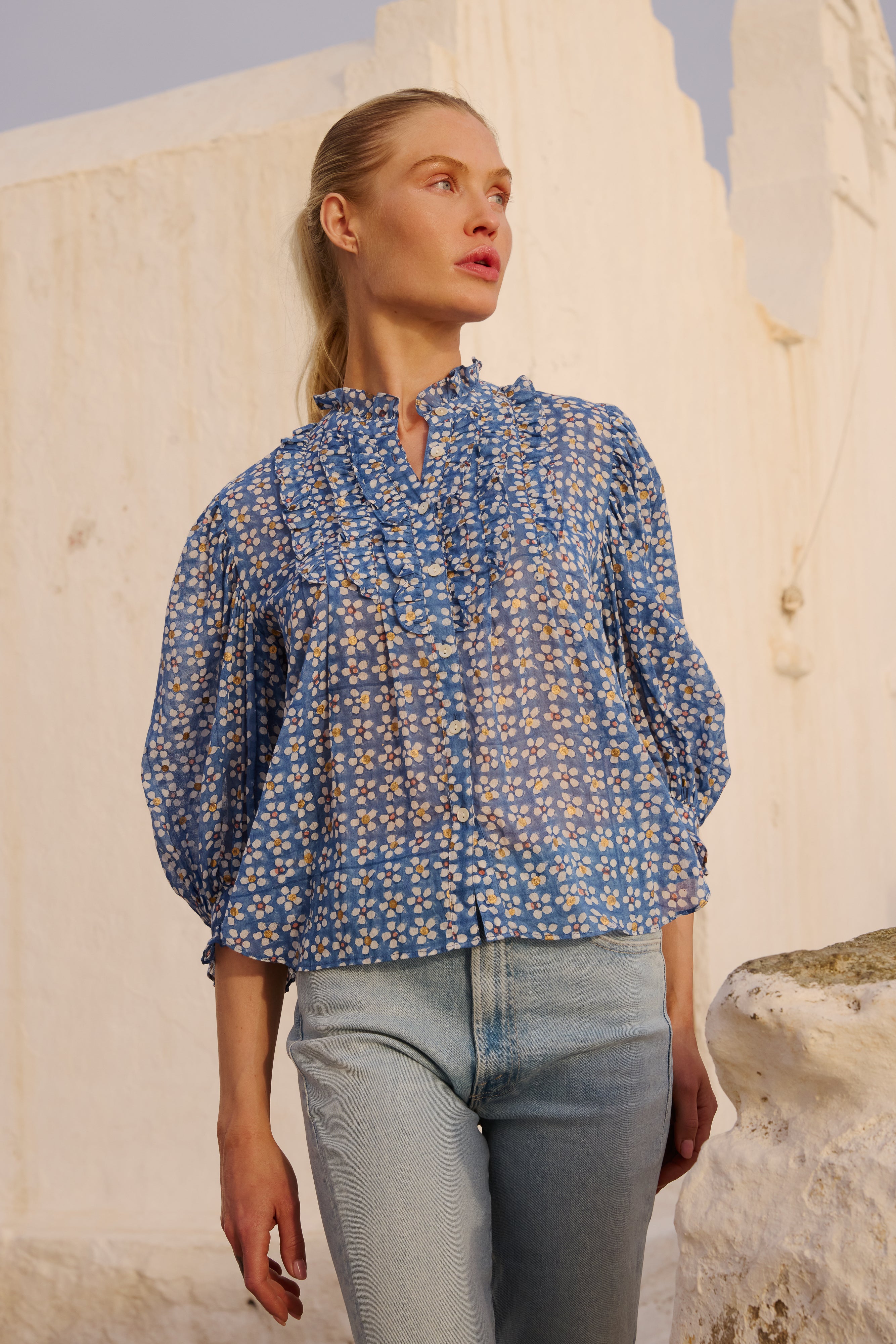 Ruffle Front Button Blouse- Aster Blue