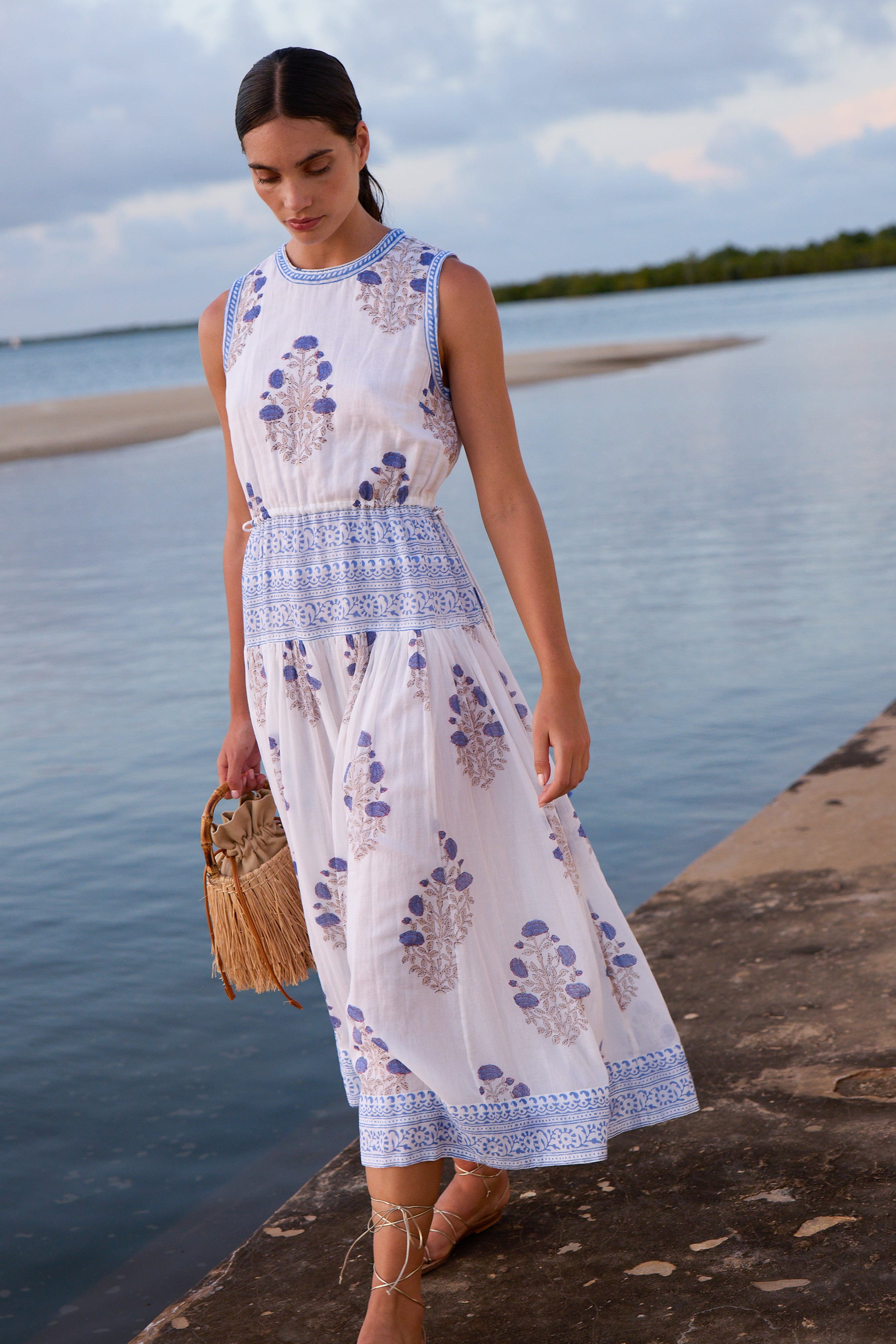 Sleeveless Piped Maxi- Laguna Blue