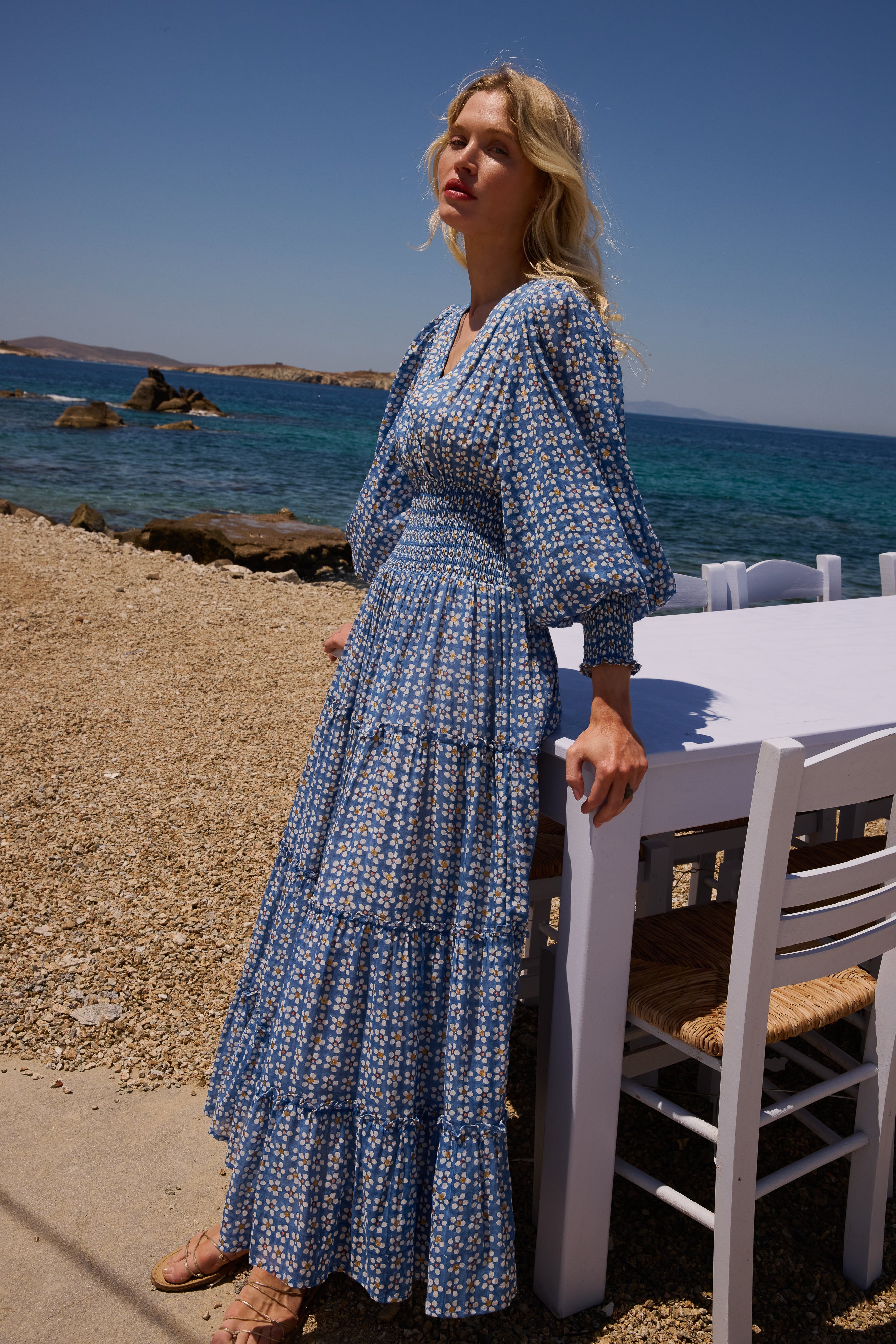 V-Neck Smocked Waist Midi- Aster Blue