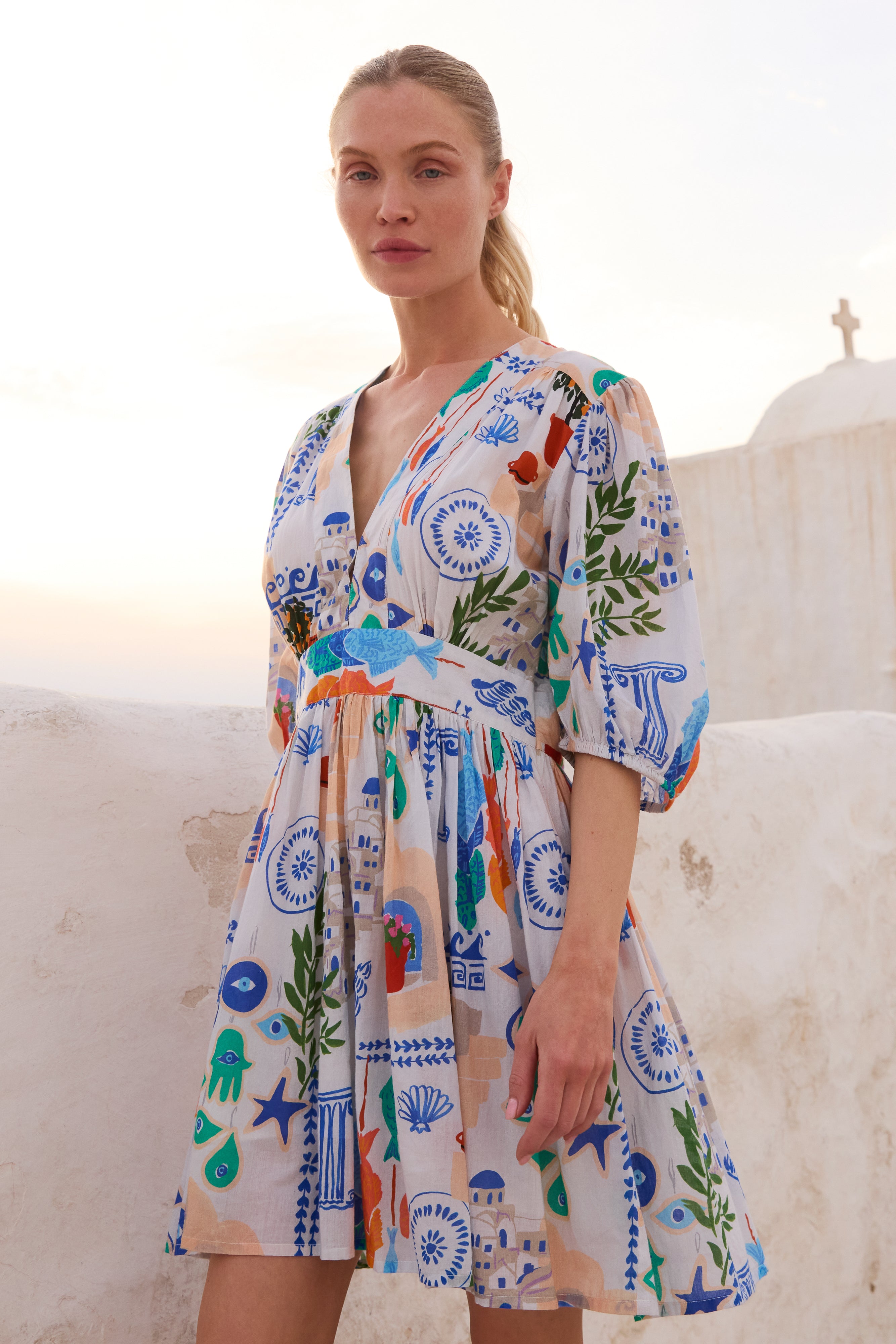 V-Neck Puff Mini- Corfu Blue