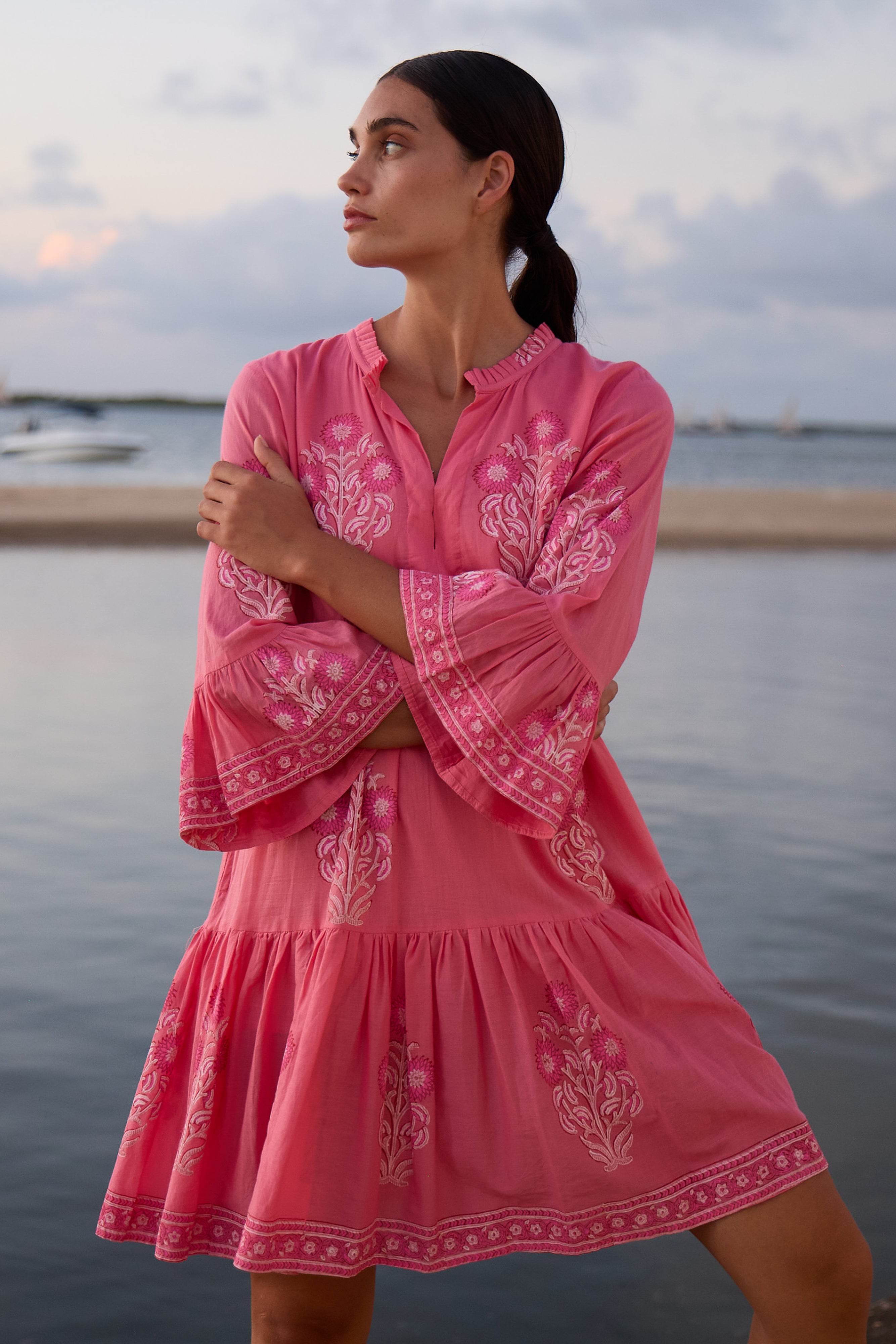 Bell Sleeve Tiered Mini- Raton Pink