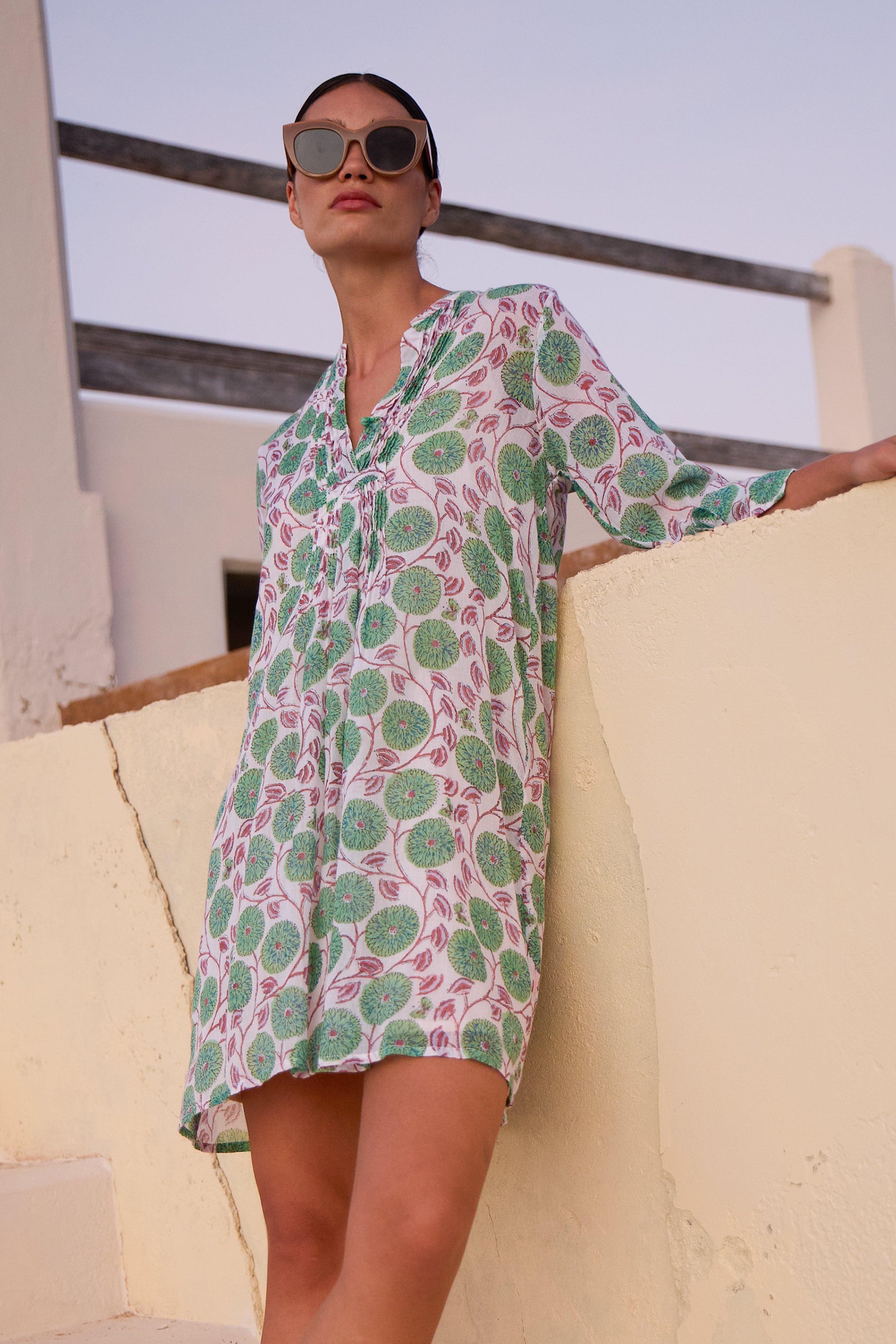 3/4 Sleeve Pintuck Dress- Monarch Green