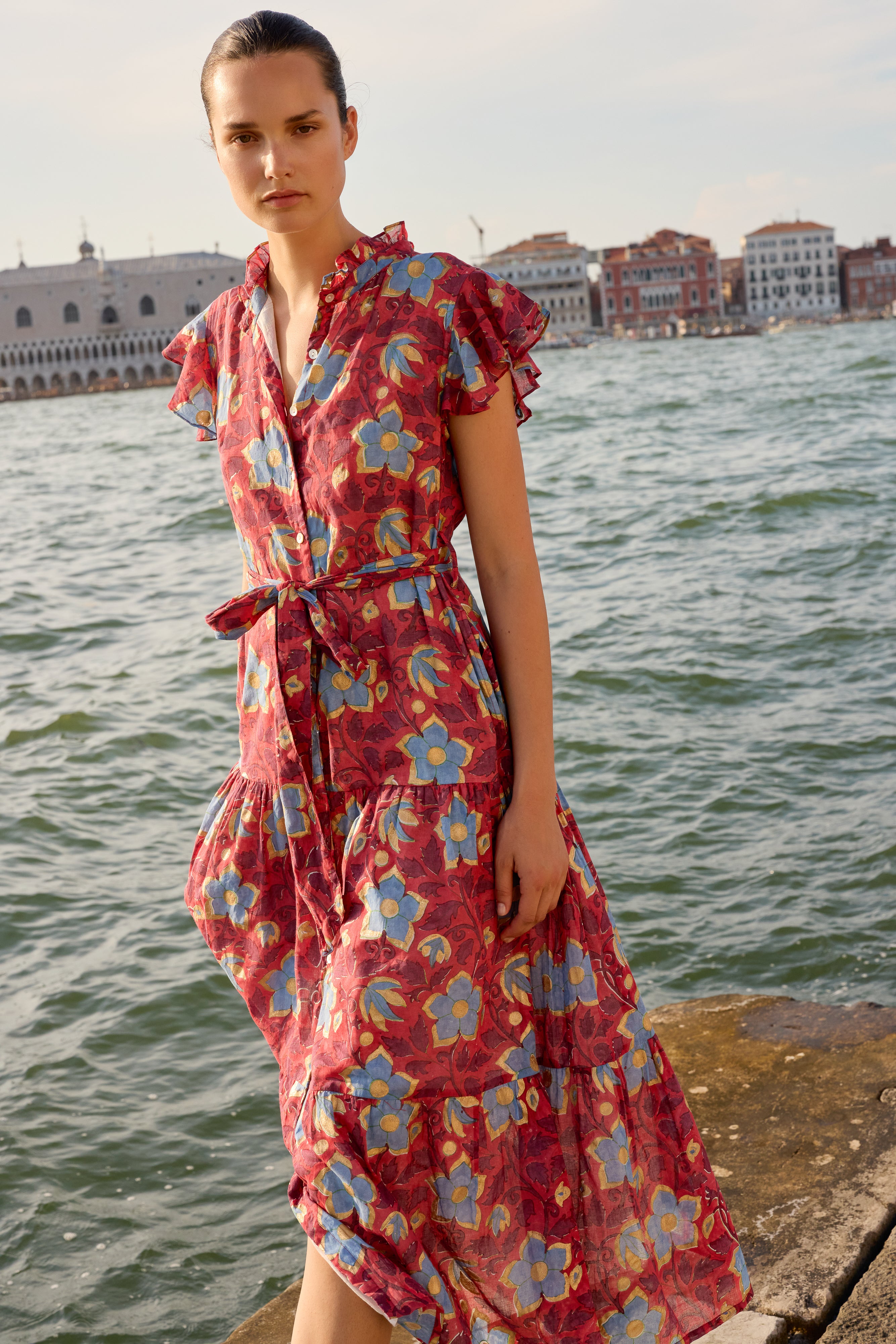 Ruffle Collar Button Maxi- Kildare Red