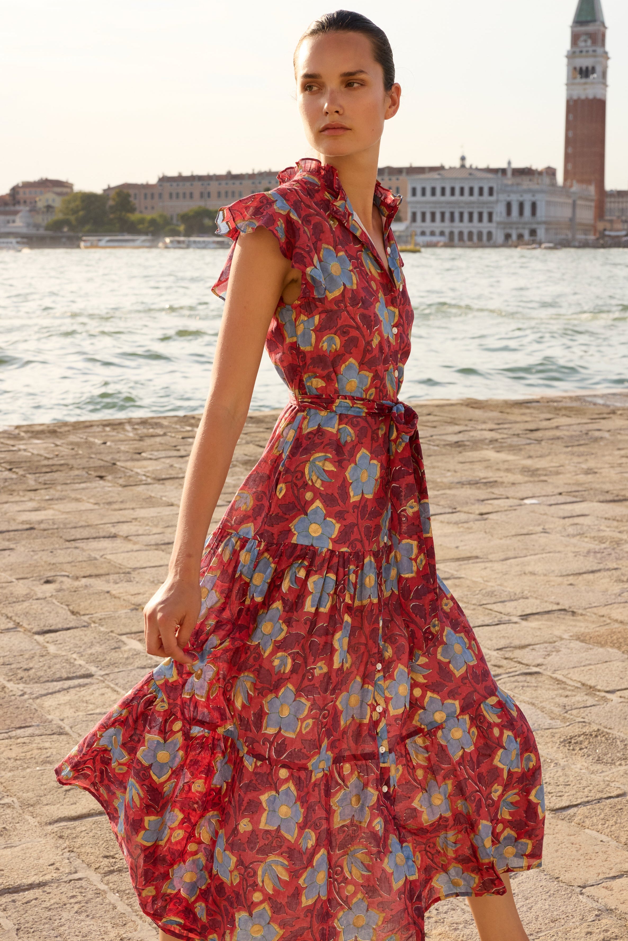 Ruffle Collar Button Maxi- Kildare Red