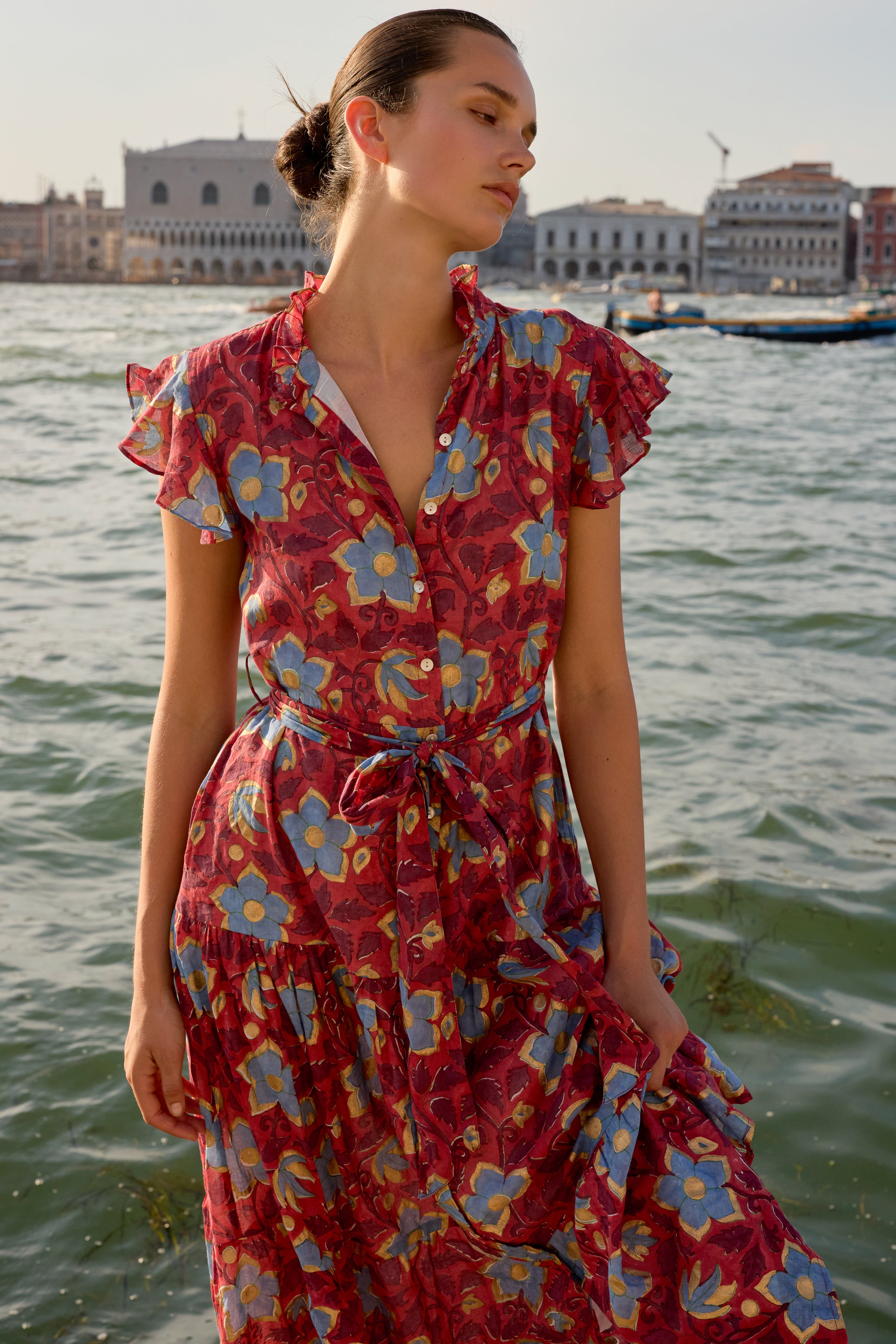 Ruffle Collar Button Maxi- Kildare Red