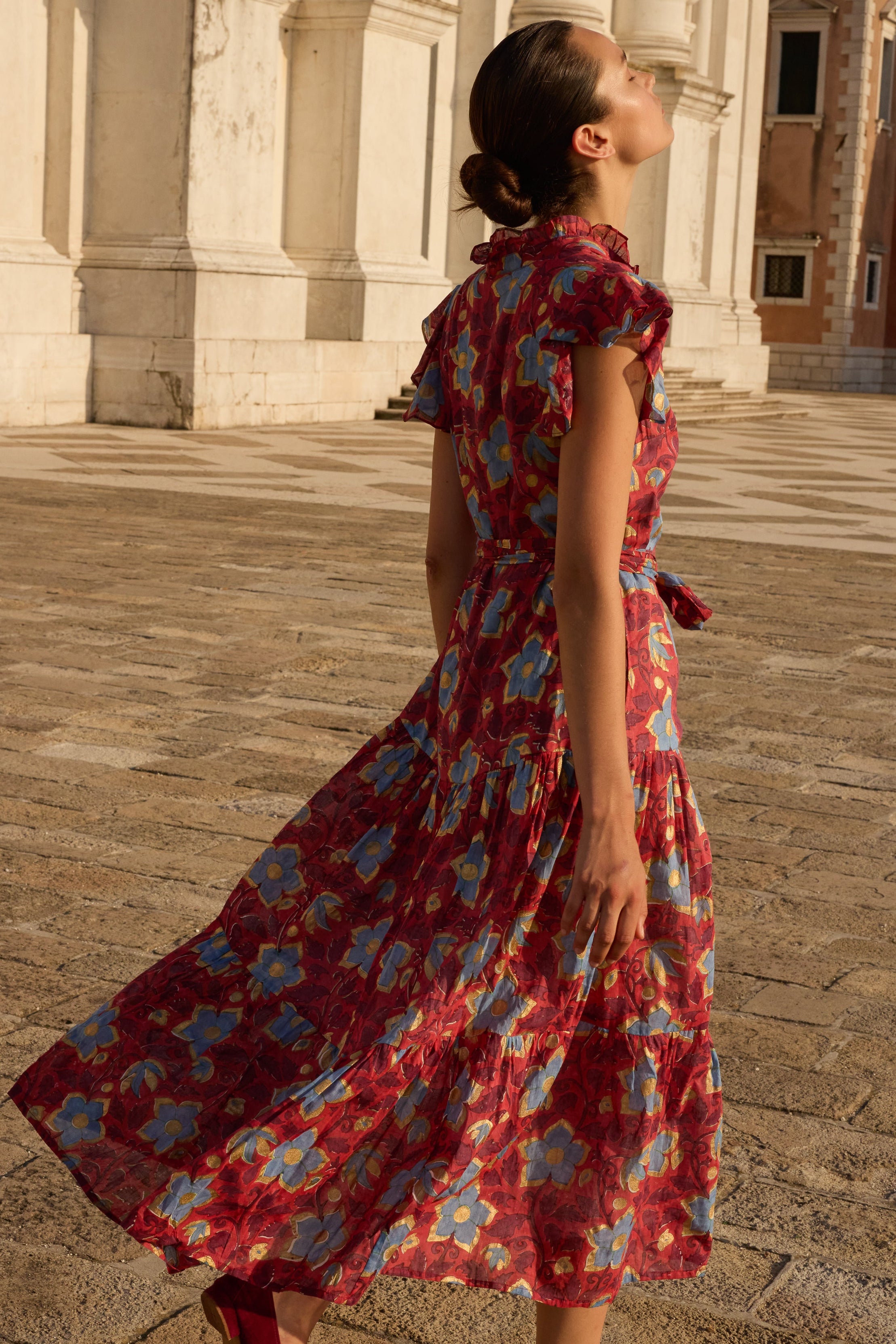 Ruffle Collar Button Maxi- Kildare Red