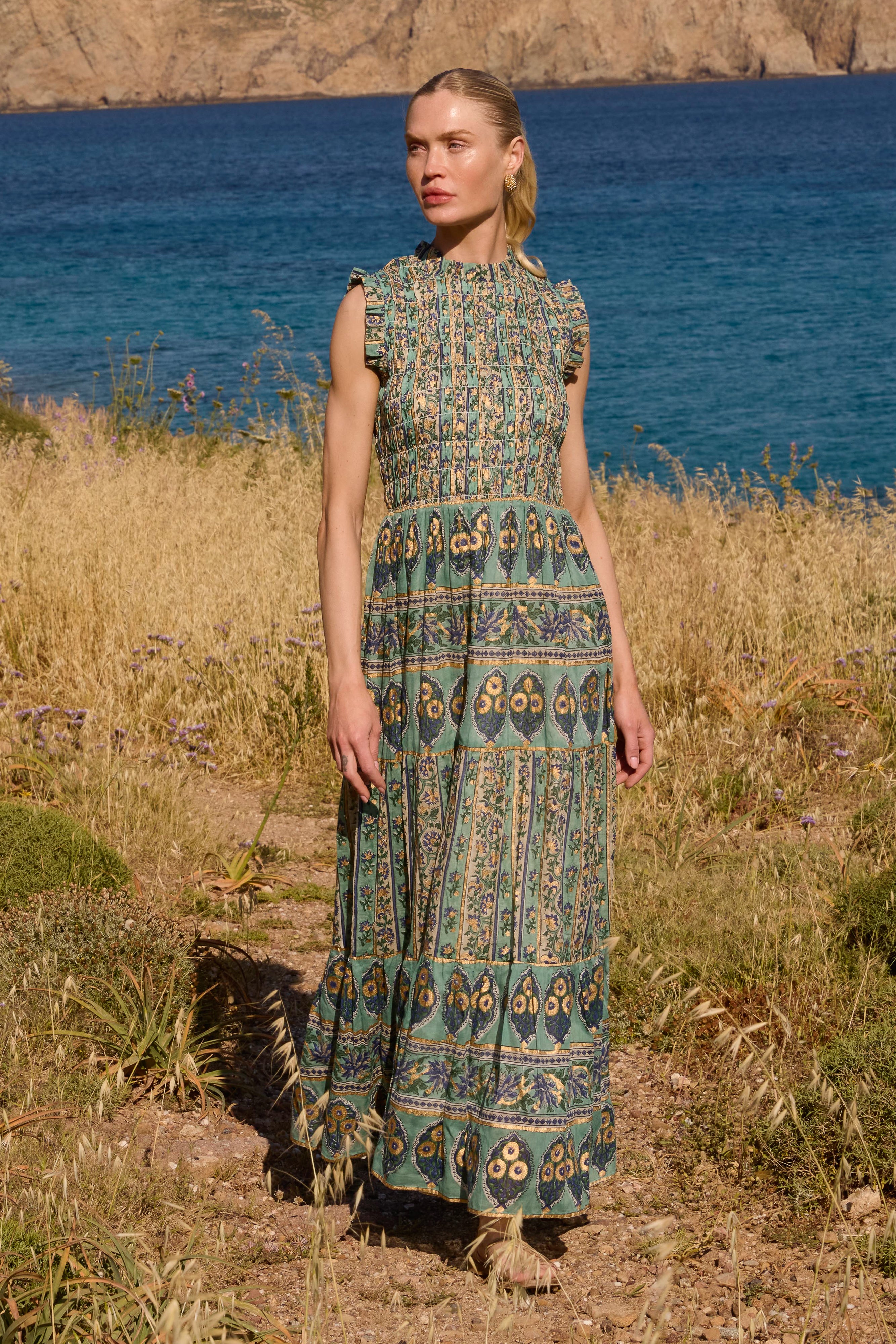 Sleeveless Smocked Maxi- Taj Aqua