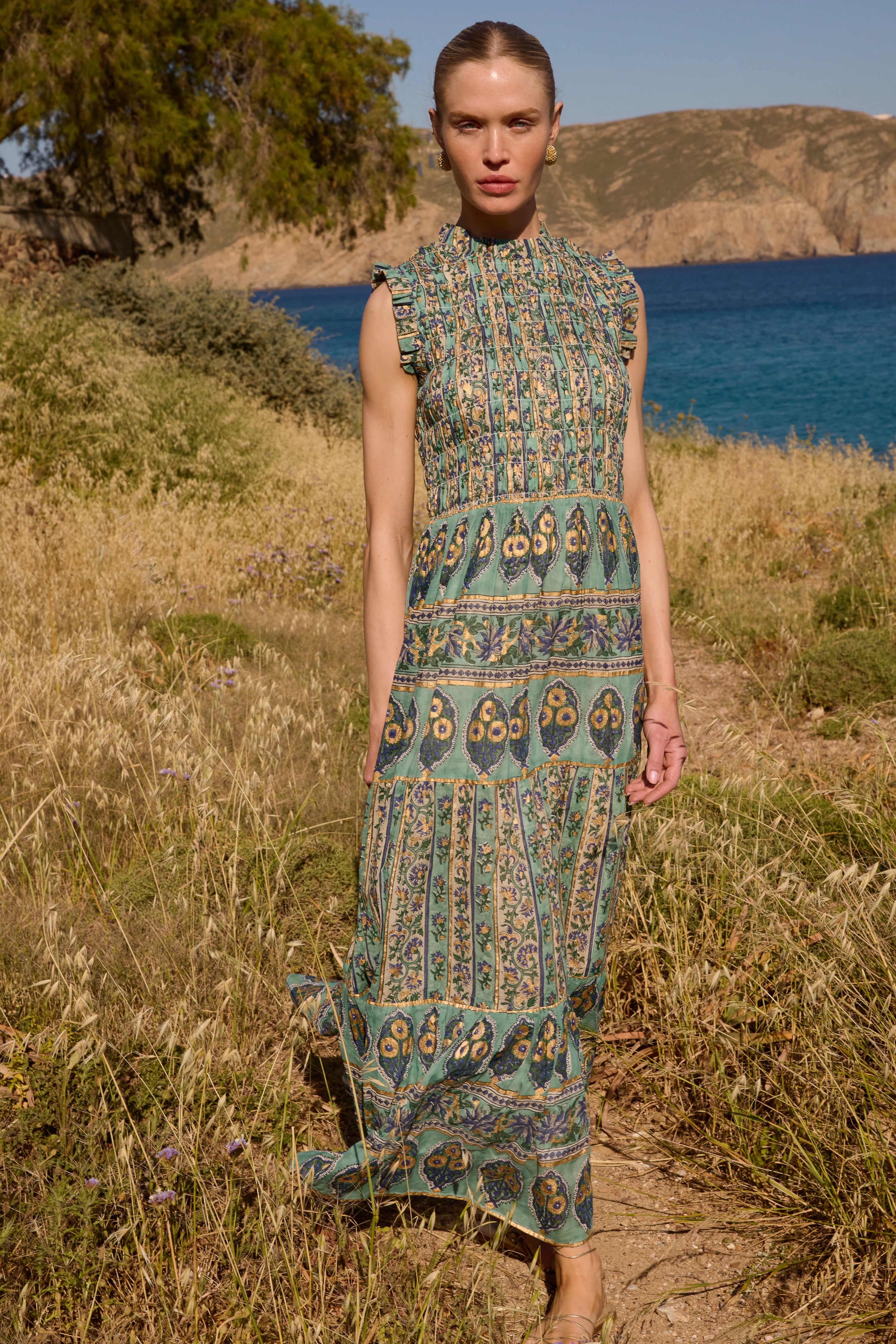 Sleeveless Smocked Maxi- Taj Aqua