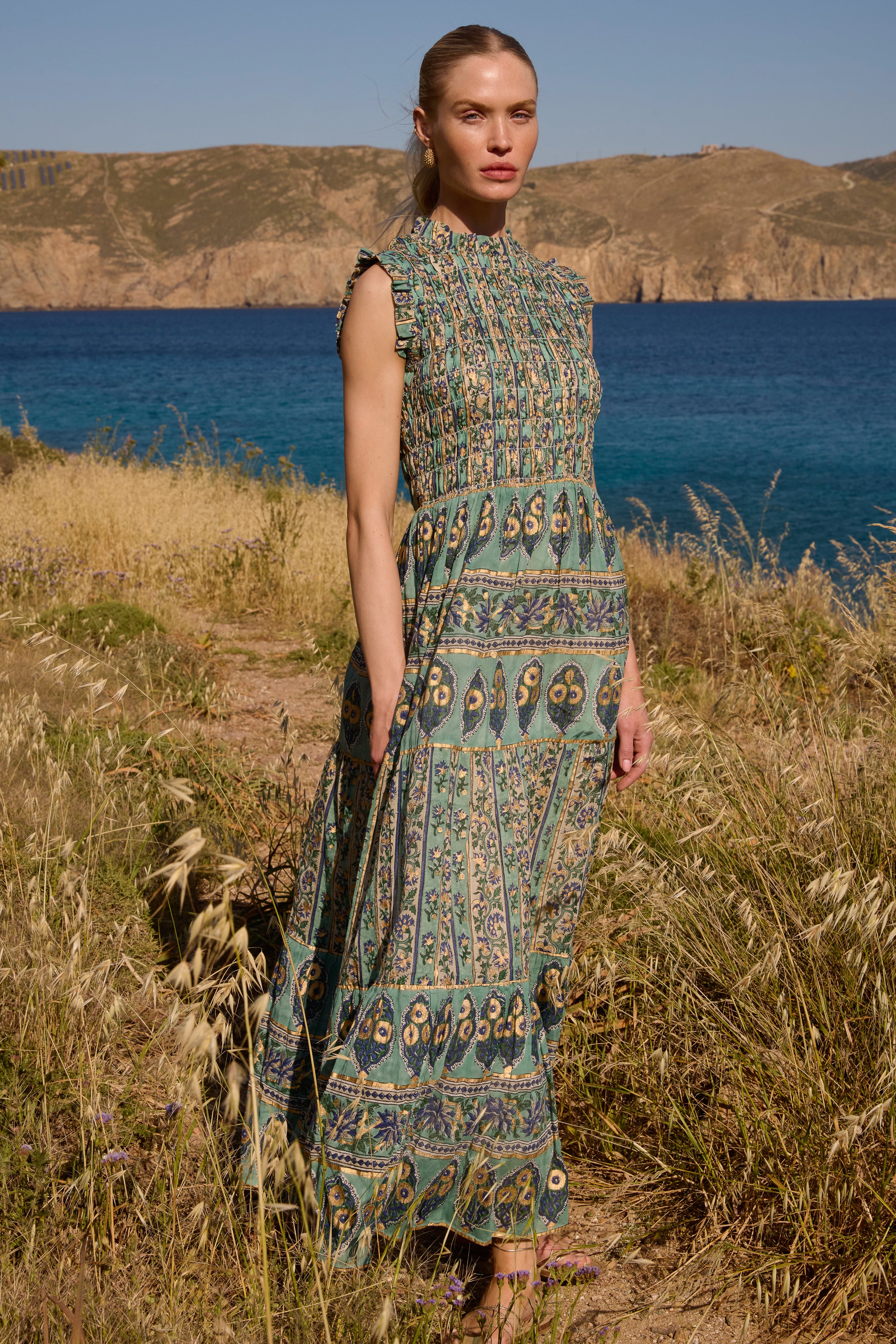 Sleeveless Smocked Maxi- Taj Aqua