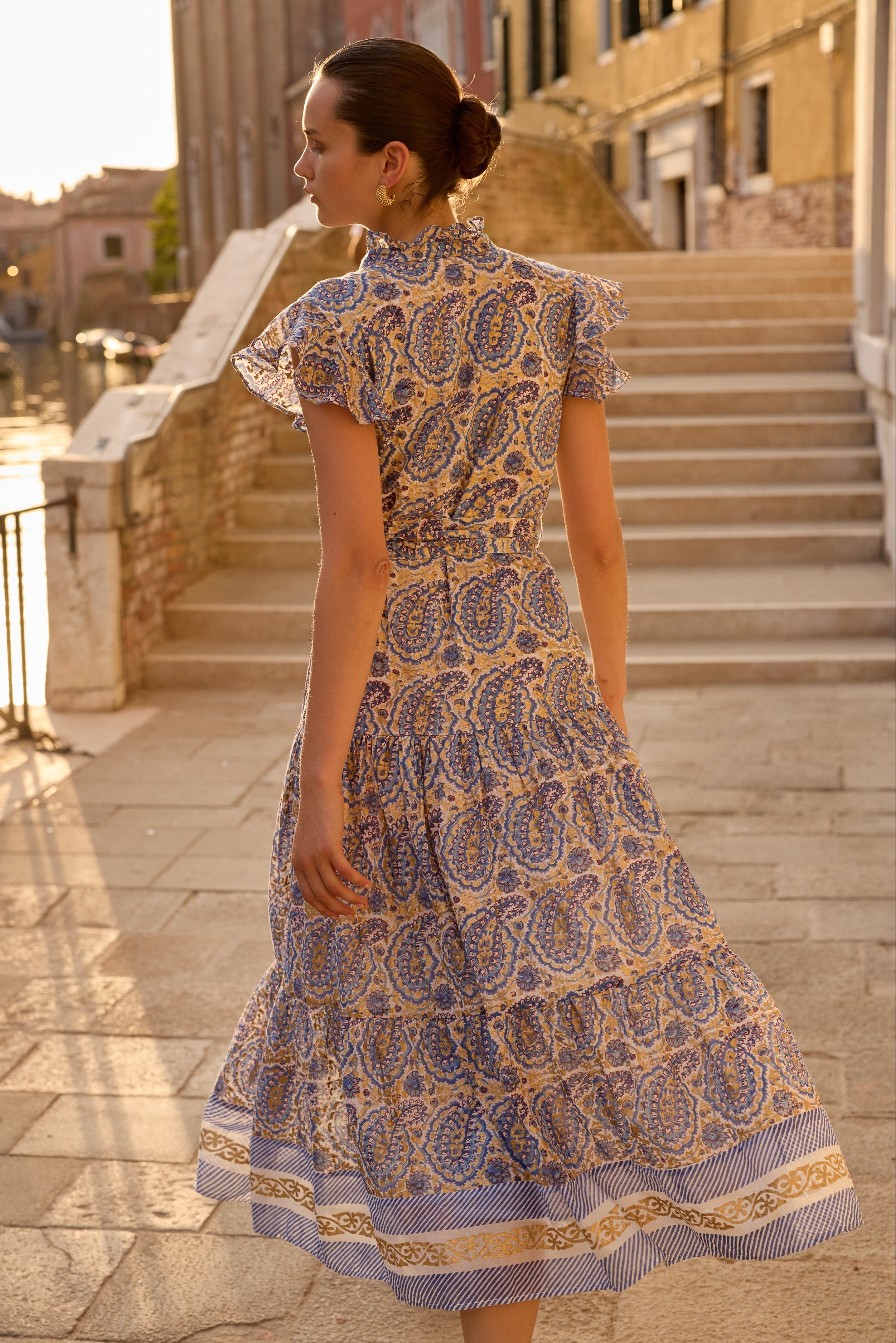 Ruffle Collar Button Maxi- Izmir Blue