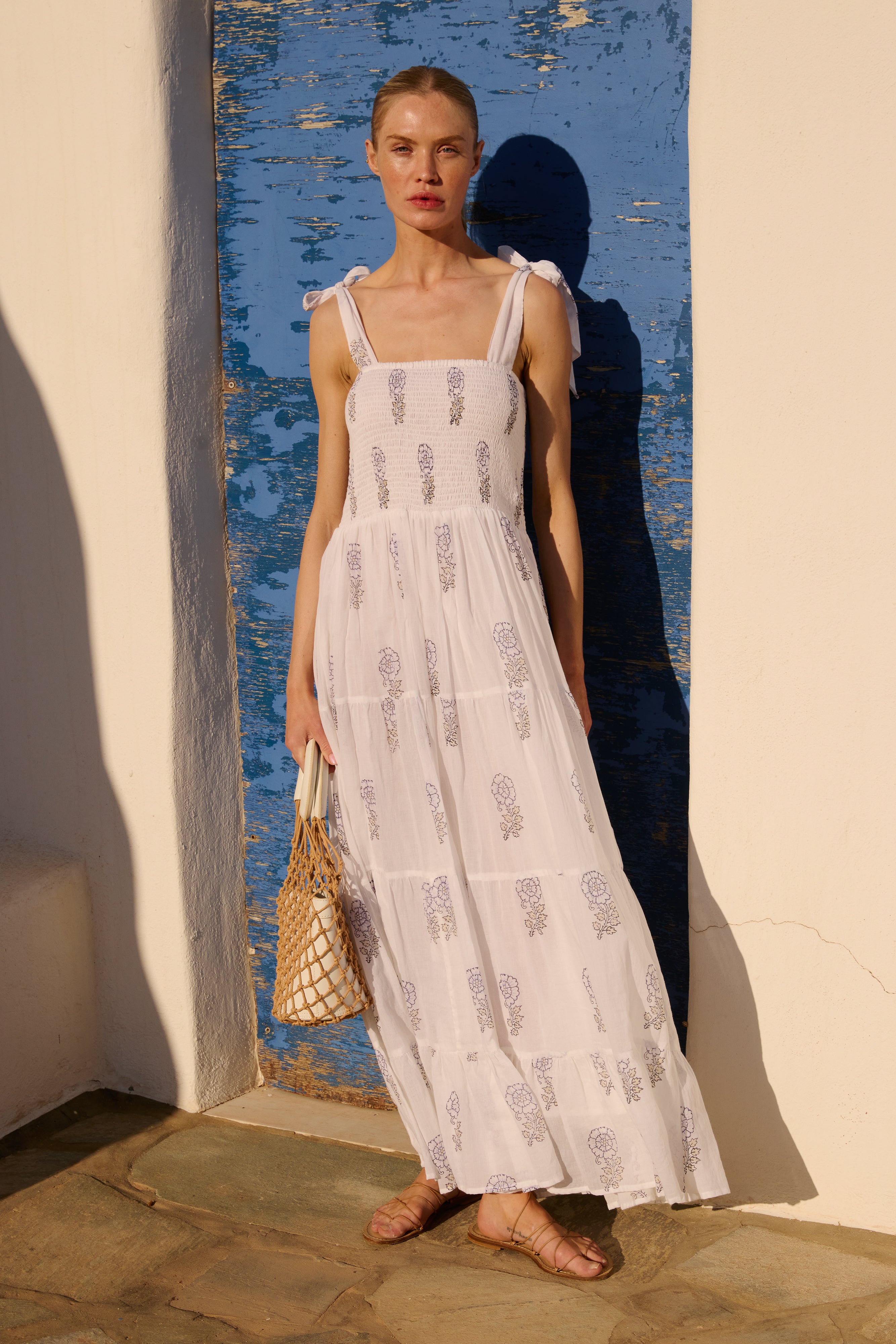 Wide Strap Smocked Maxi- Leela Sky