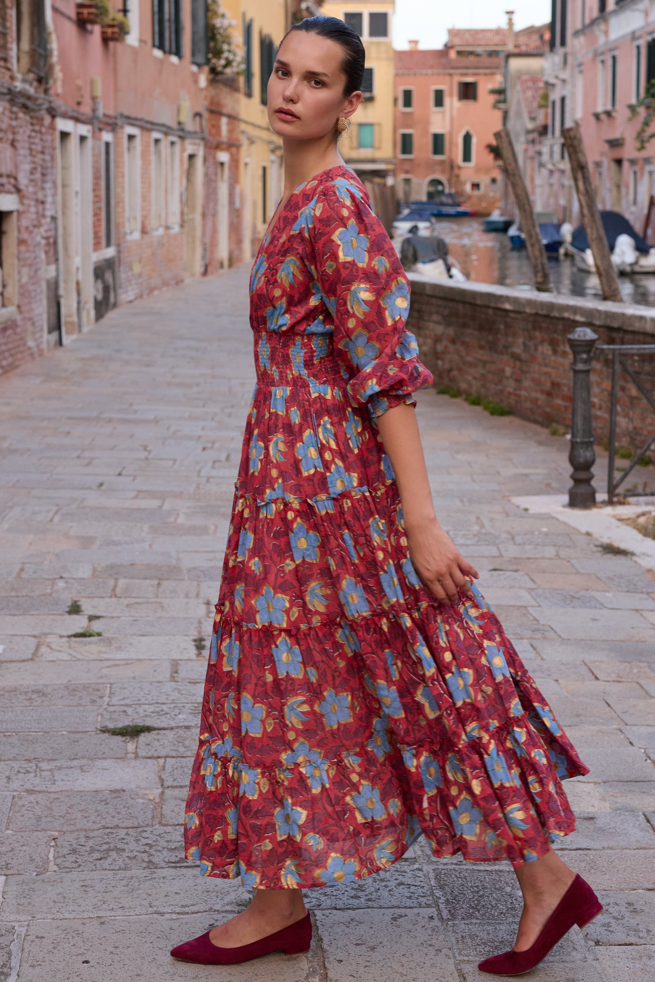 V-Neck Smocked Waist Midi- Kildare Red
