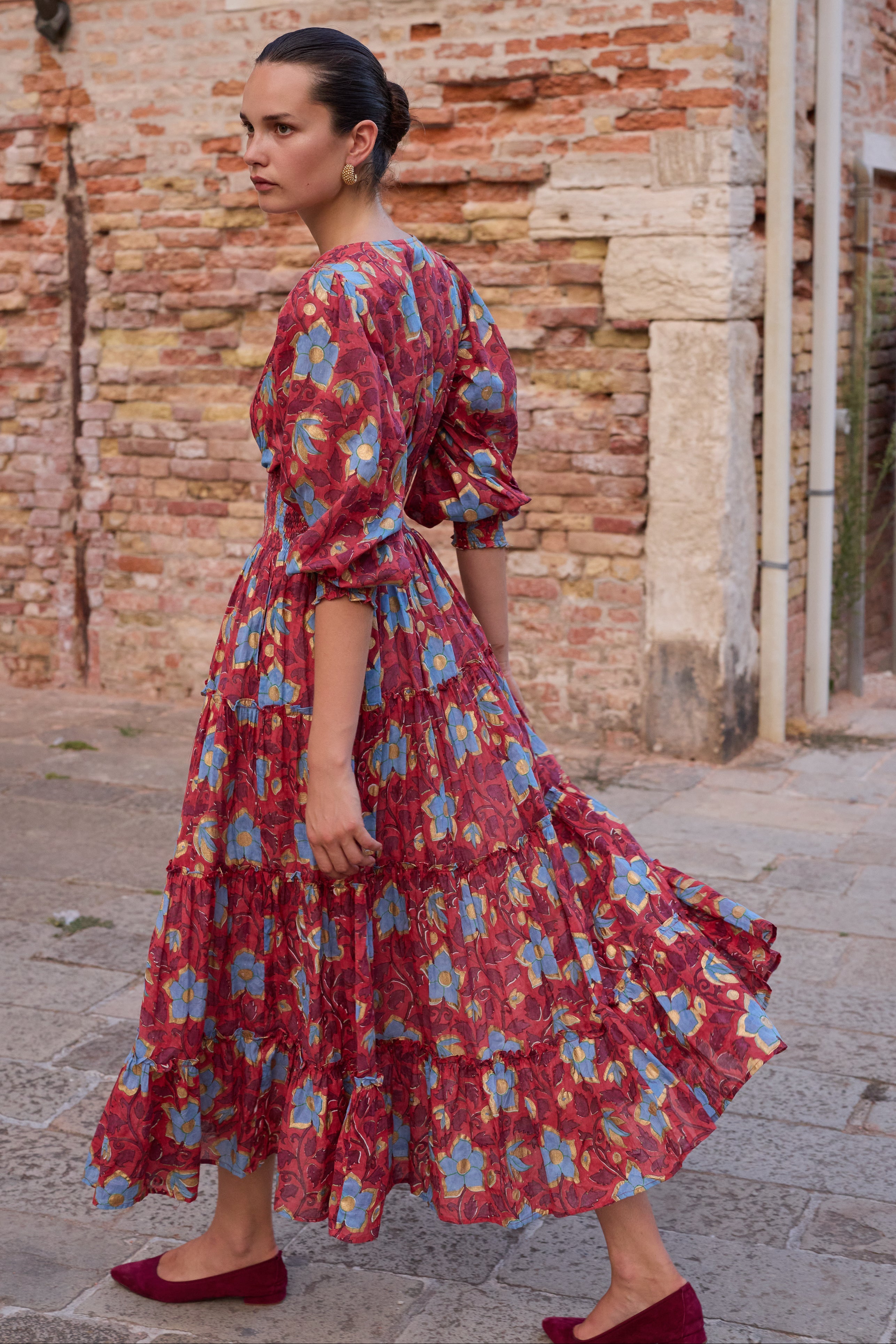 V-Neck Smocked Waist Midi- Kildare Red