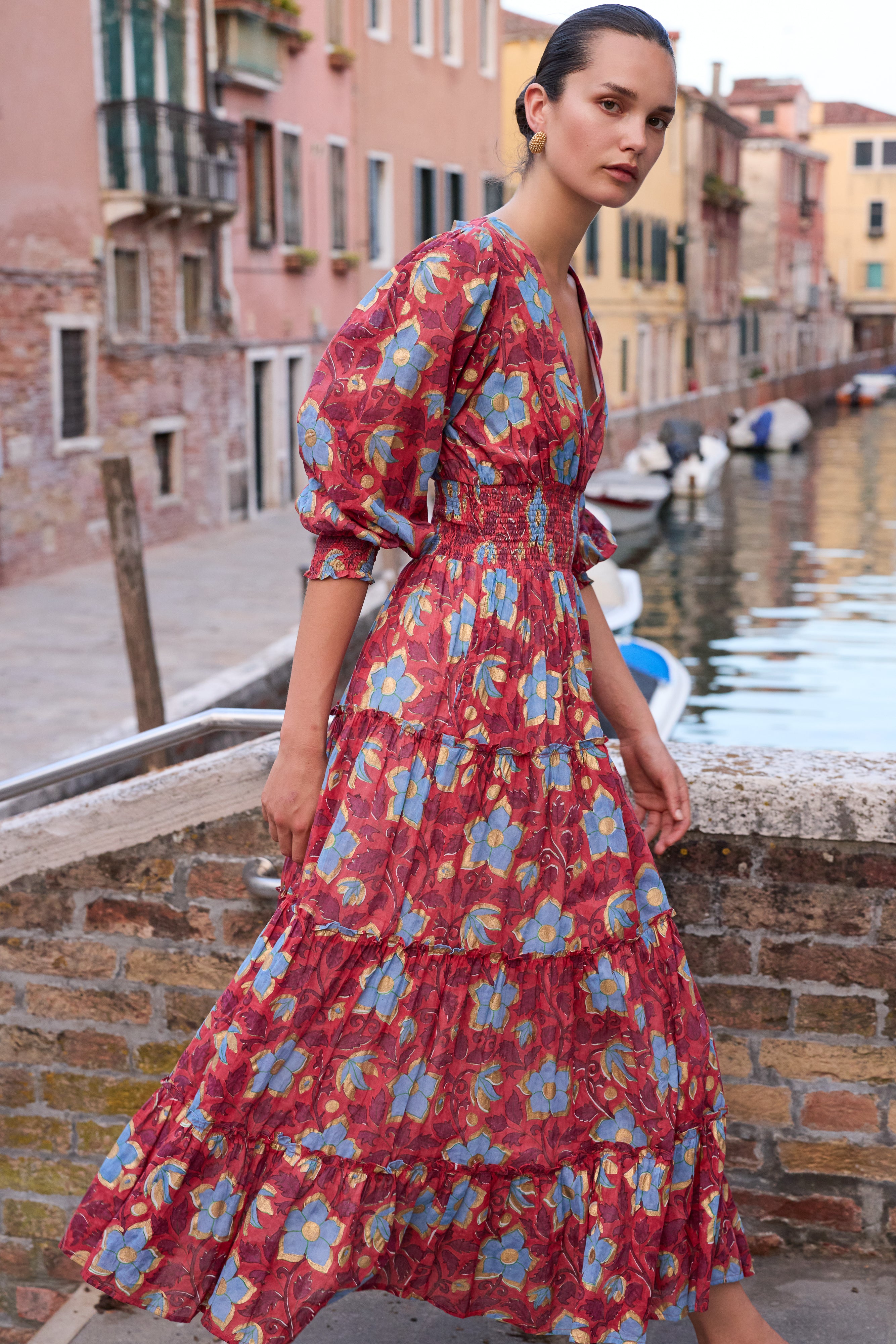 V-Neck Smocked Waist Midi- Kildare Red
