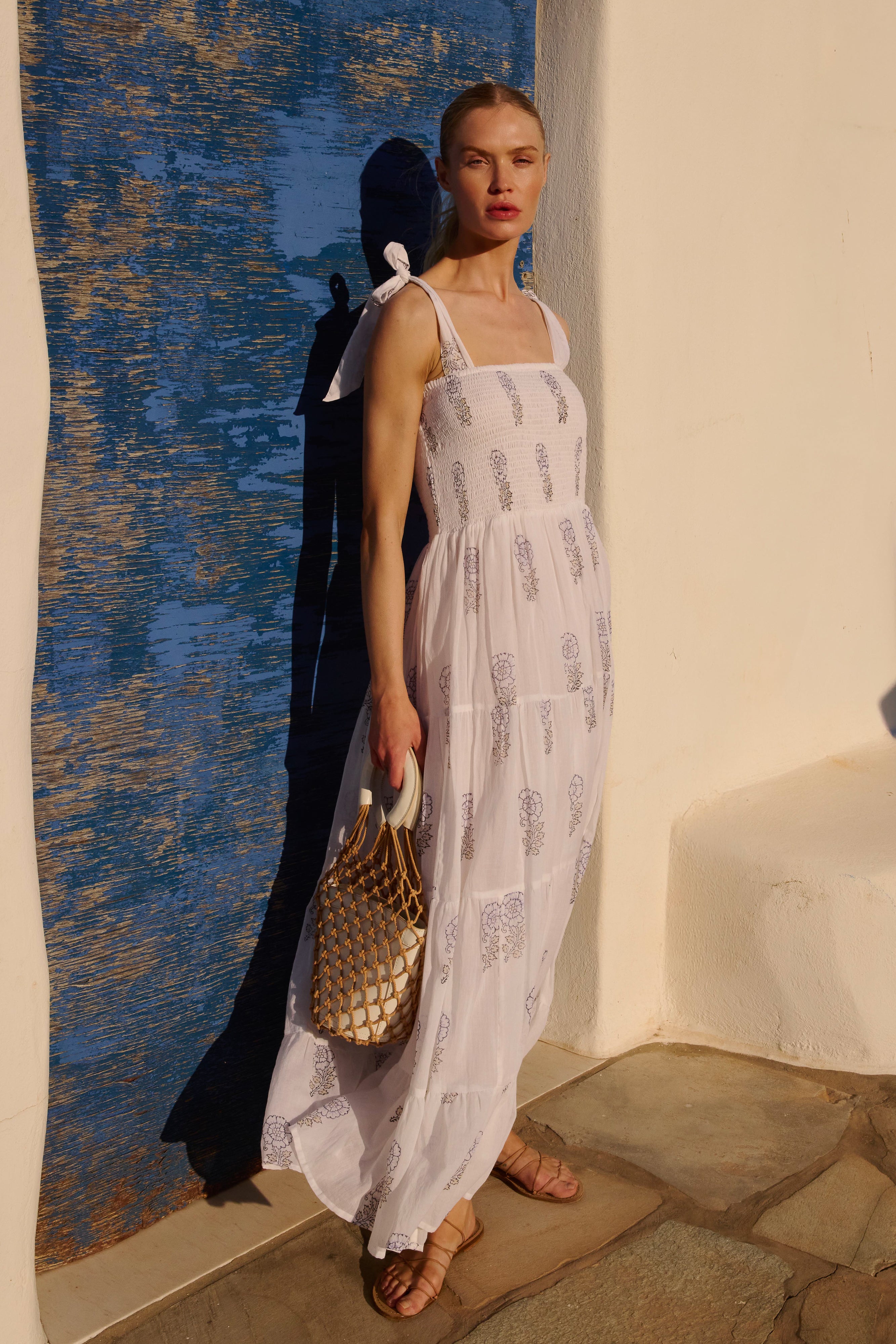 Wide Strap Smocked Maxi- Leela Sky