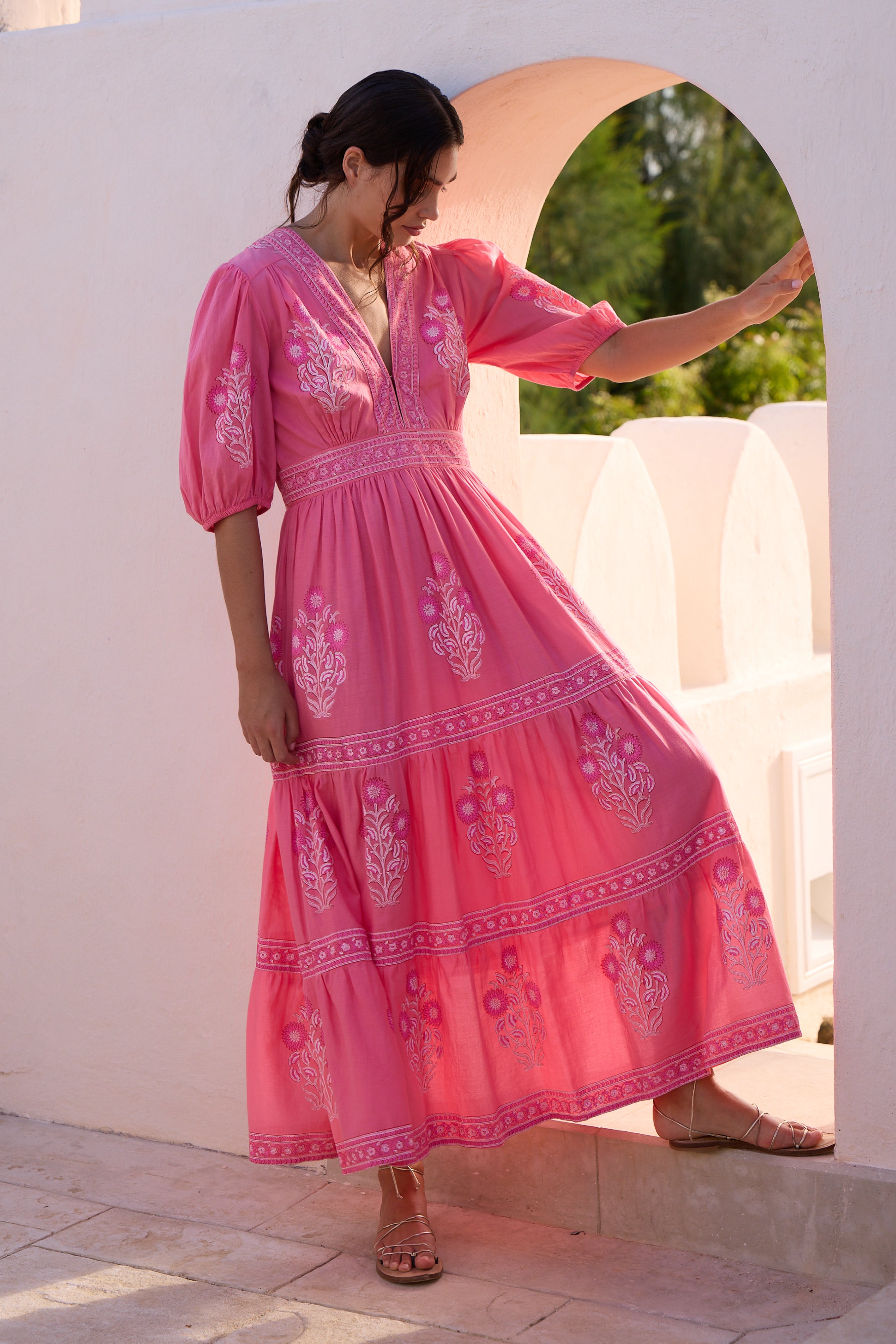 V-Neck Puffed Maxi- Raton Pink