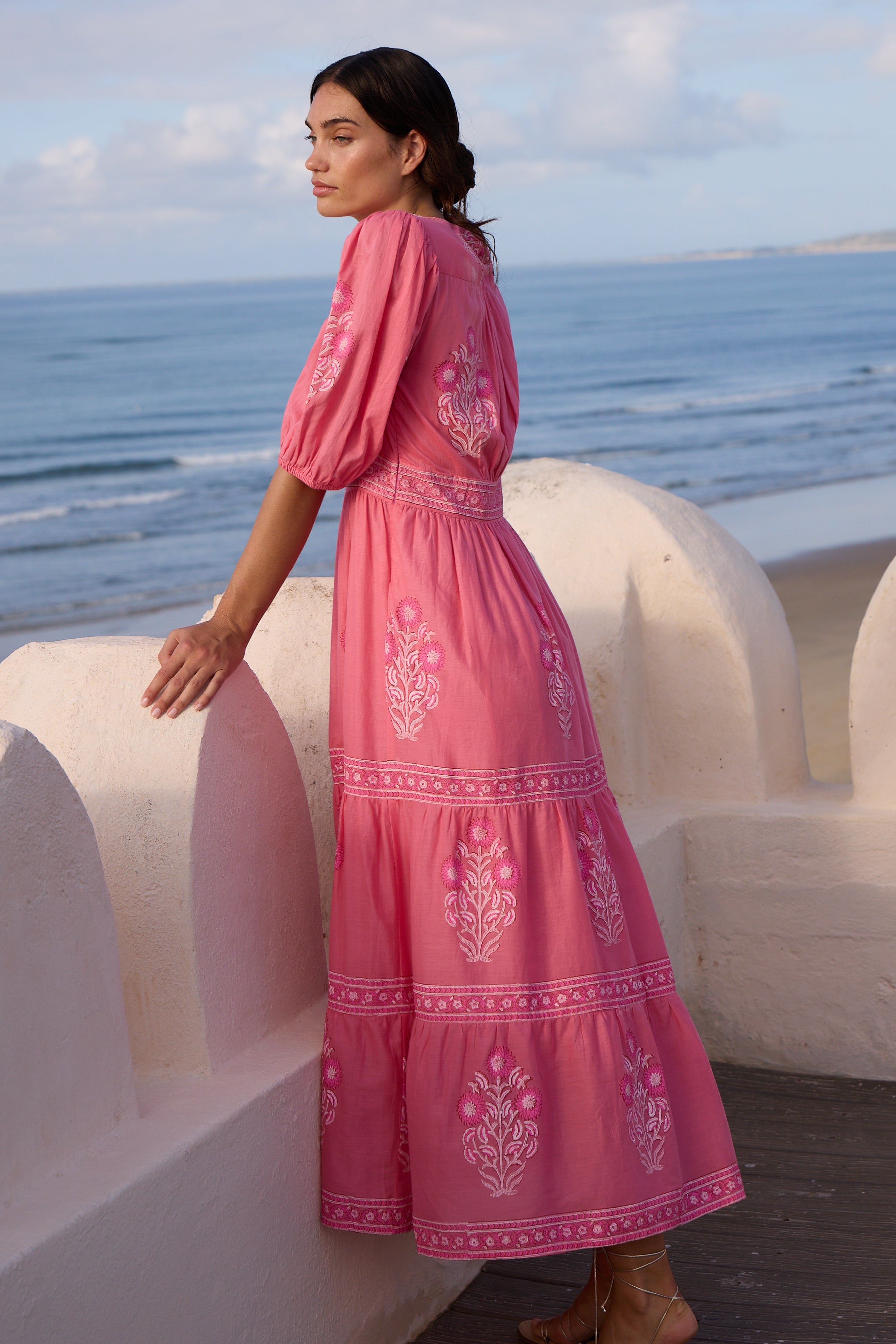 V-Neck Puffed Maxi- Raton Pink