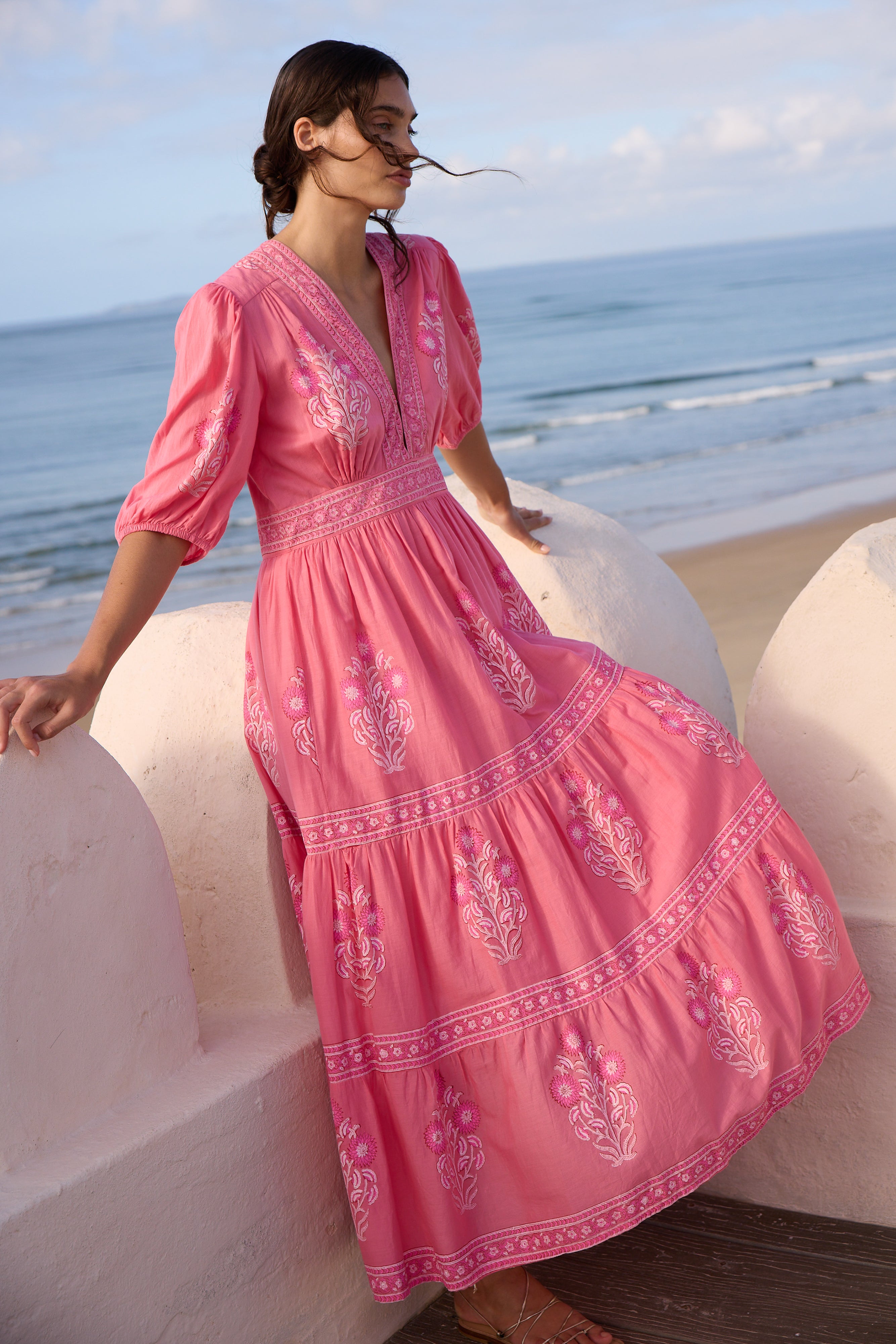 V-Neck Puffed Maxi- Raton Pink