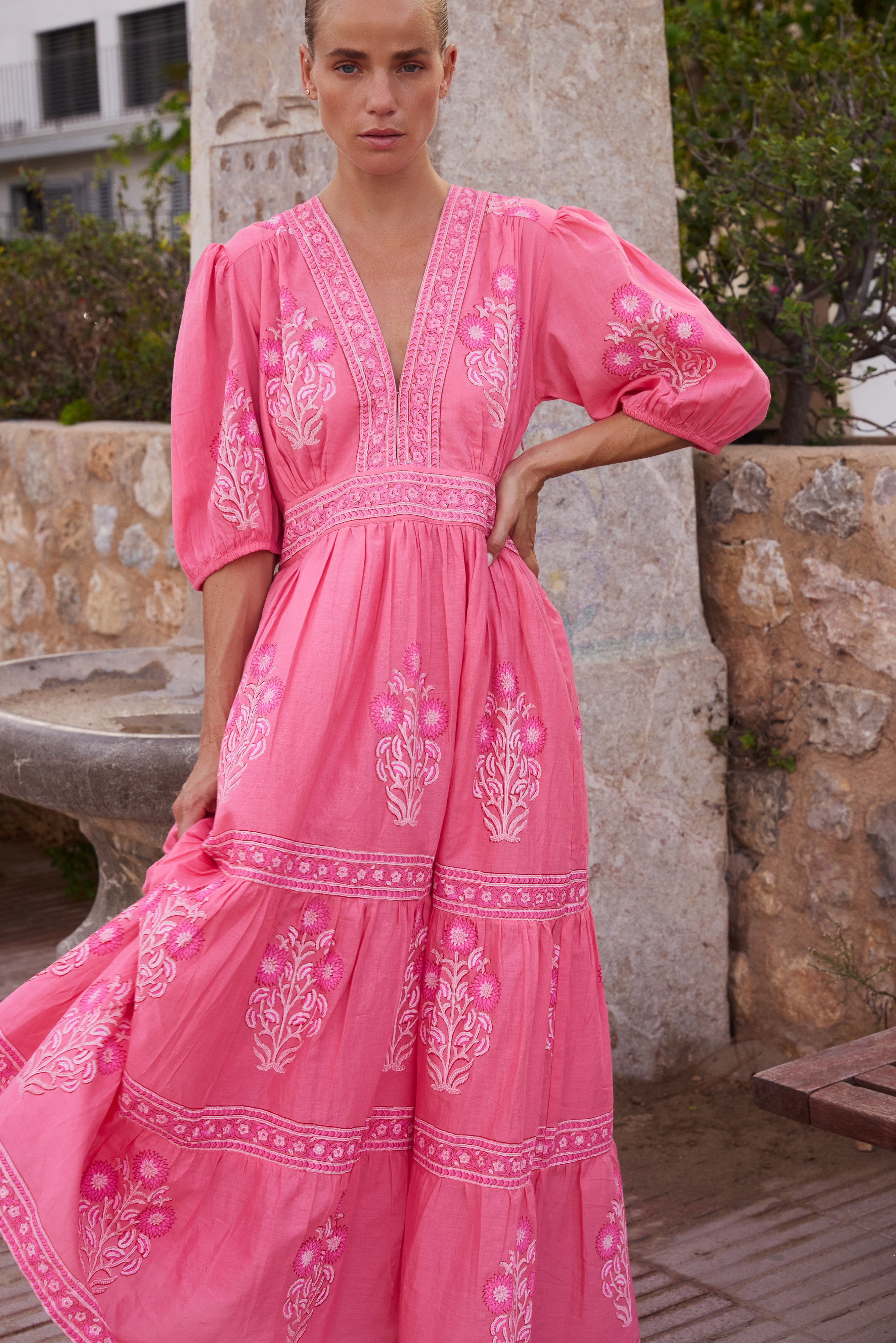 V-Neck Puffed Maxi- Raton Pink