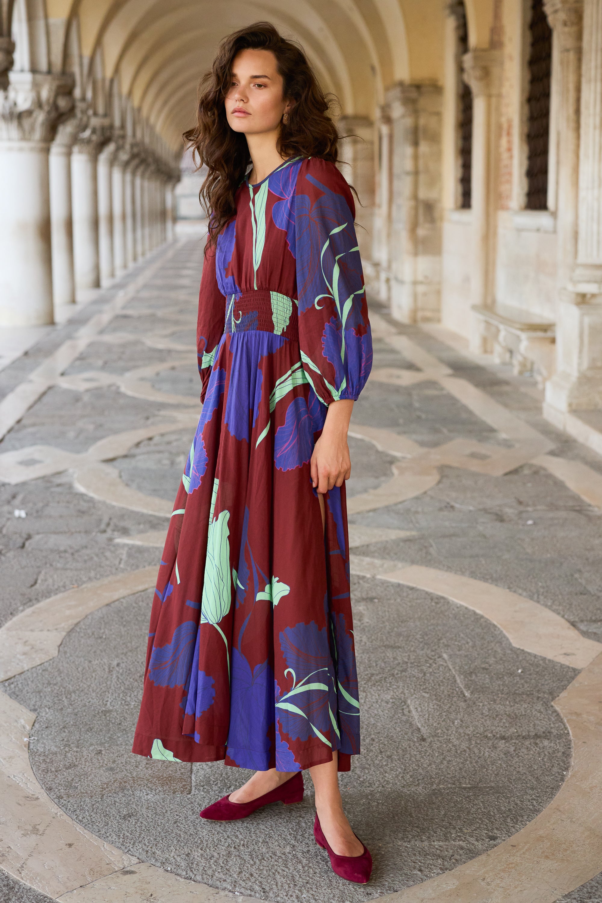 Smocked Waist Crewneck Maxi- Hague Cobalt