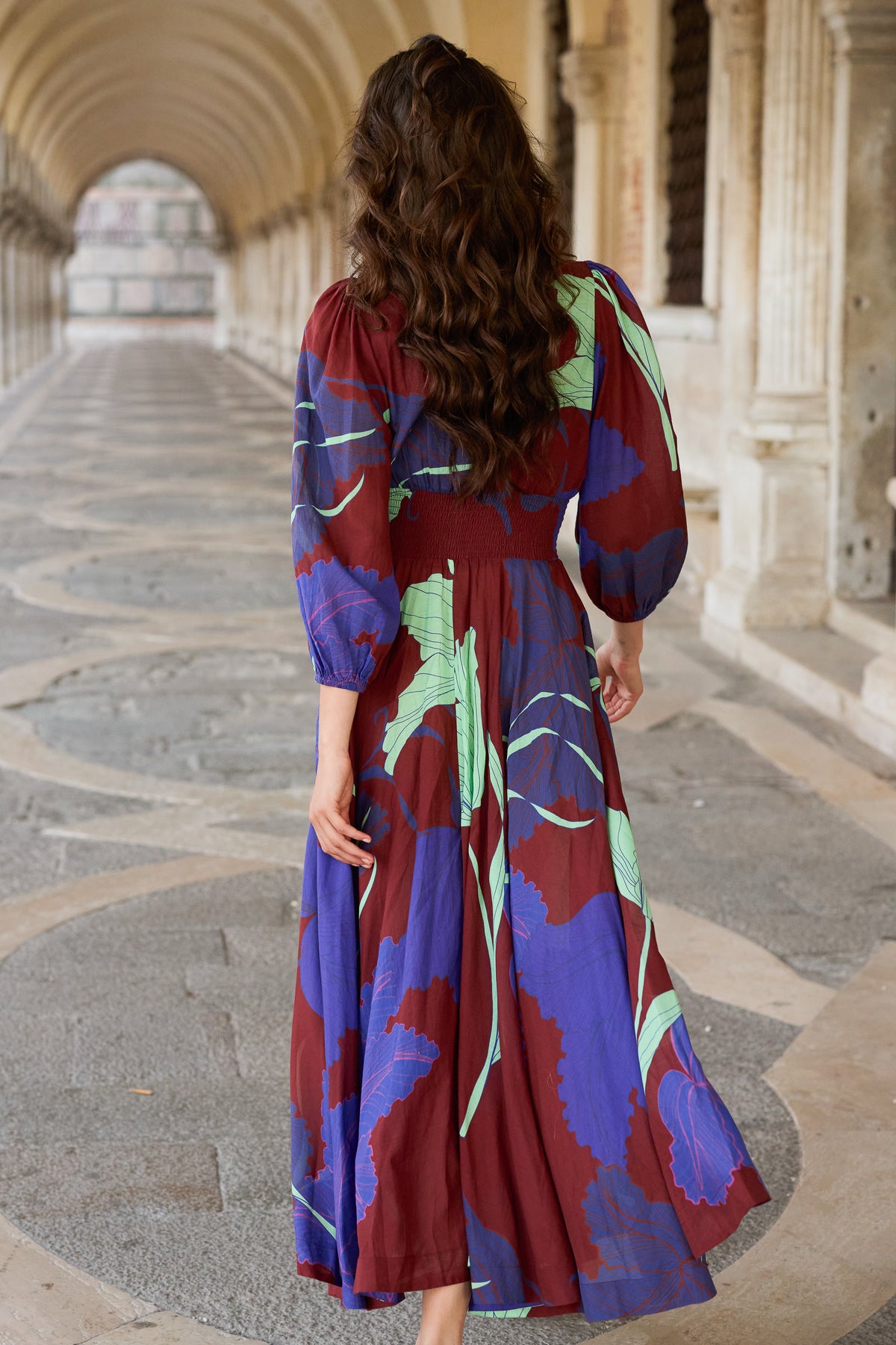Smocked Waist Crewneck Maxi- Hague Cobalt
