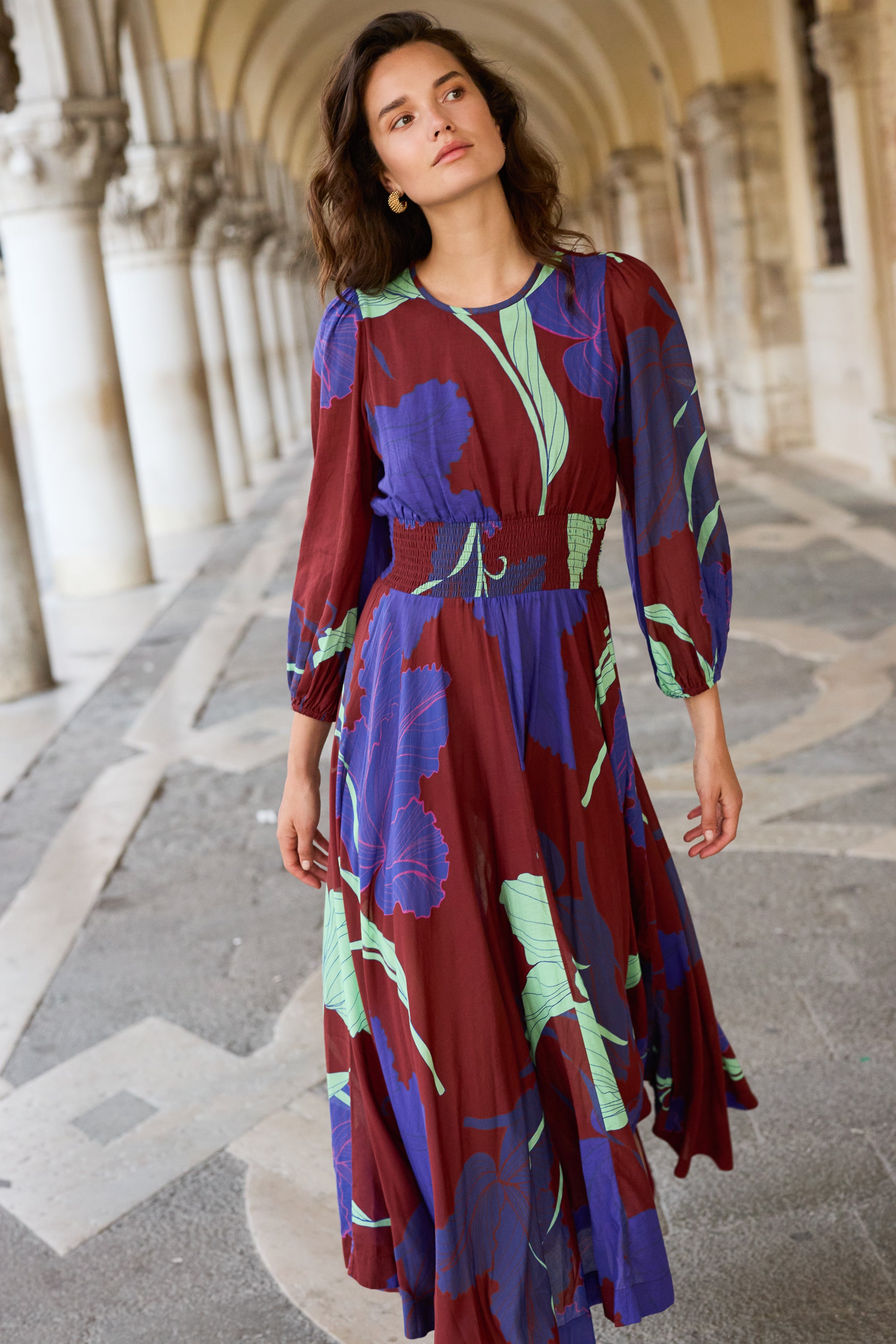 Smocked Waist Crewneck Maxi- Hague Cobalt