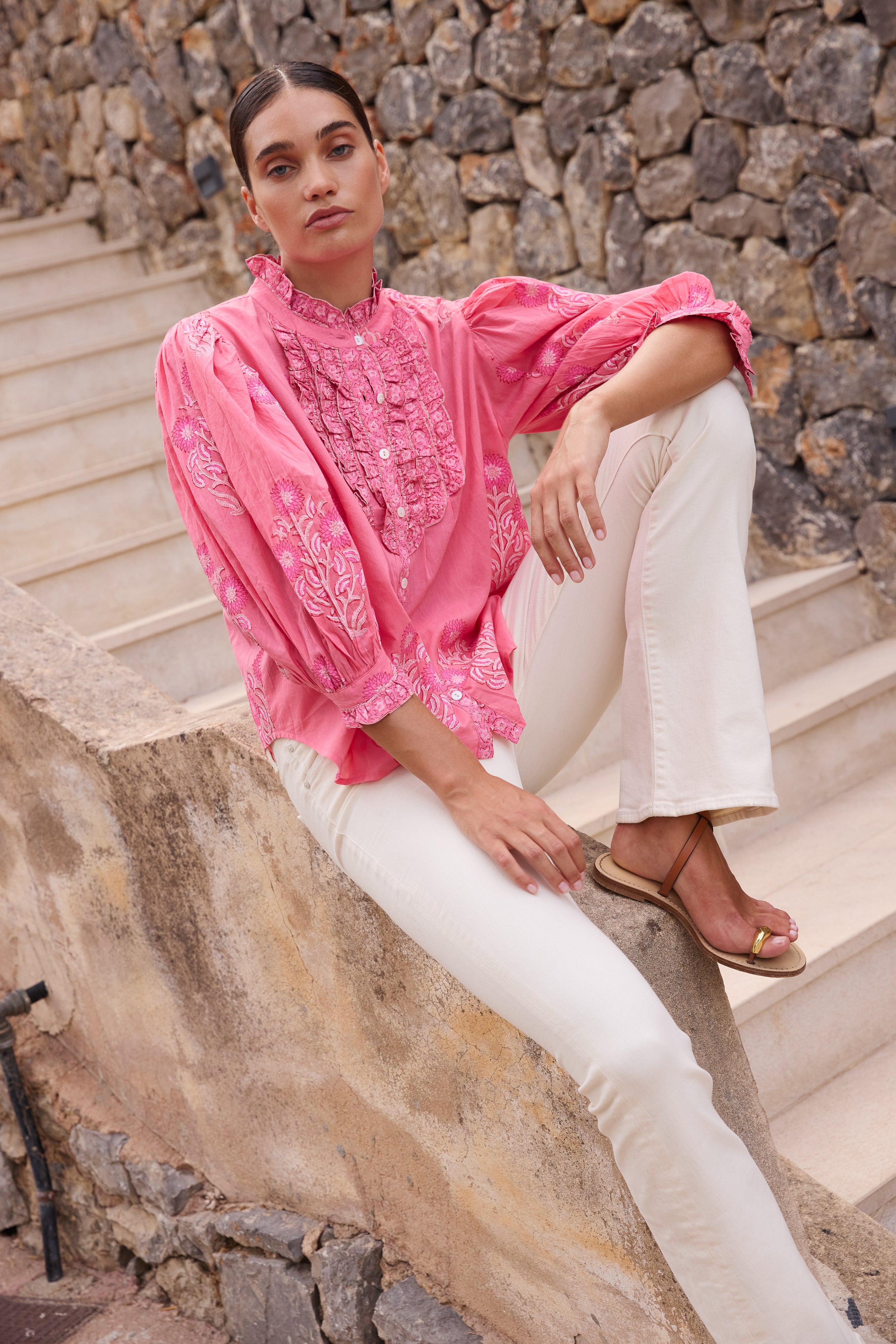 Ruffle Front Button Blouse- Raton Pink