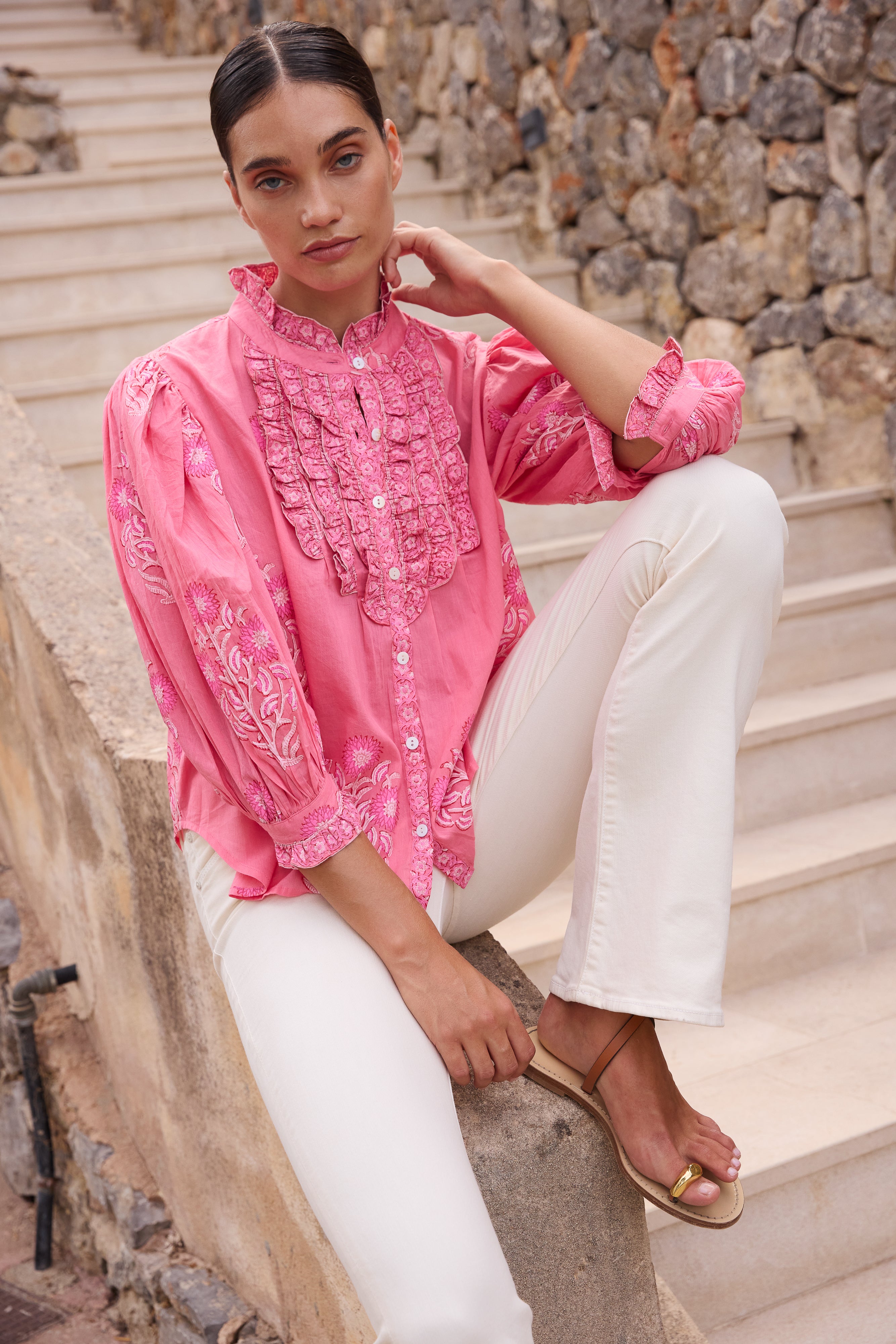 Ruffle Front Button Blouse- Raton Pink