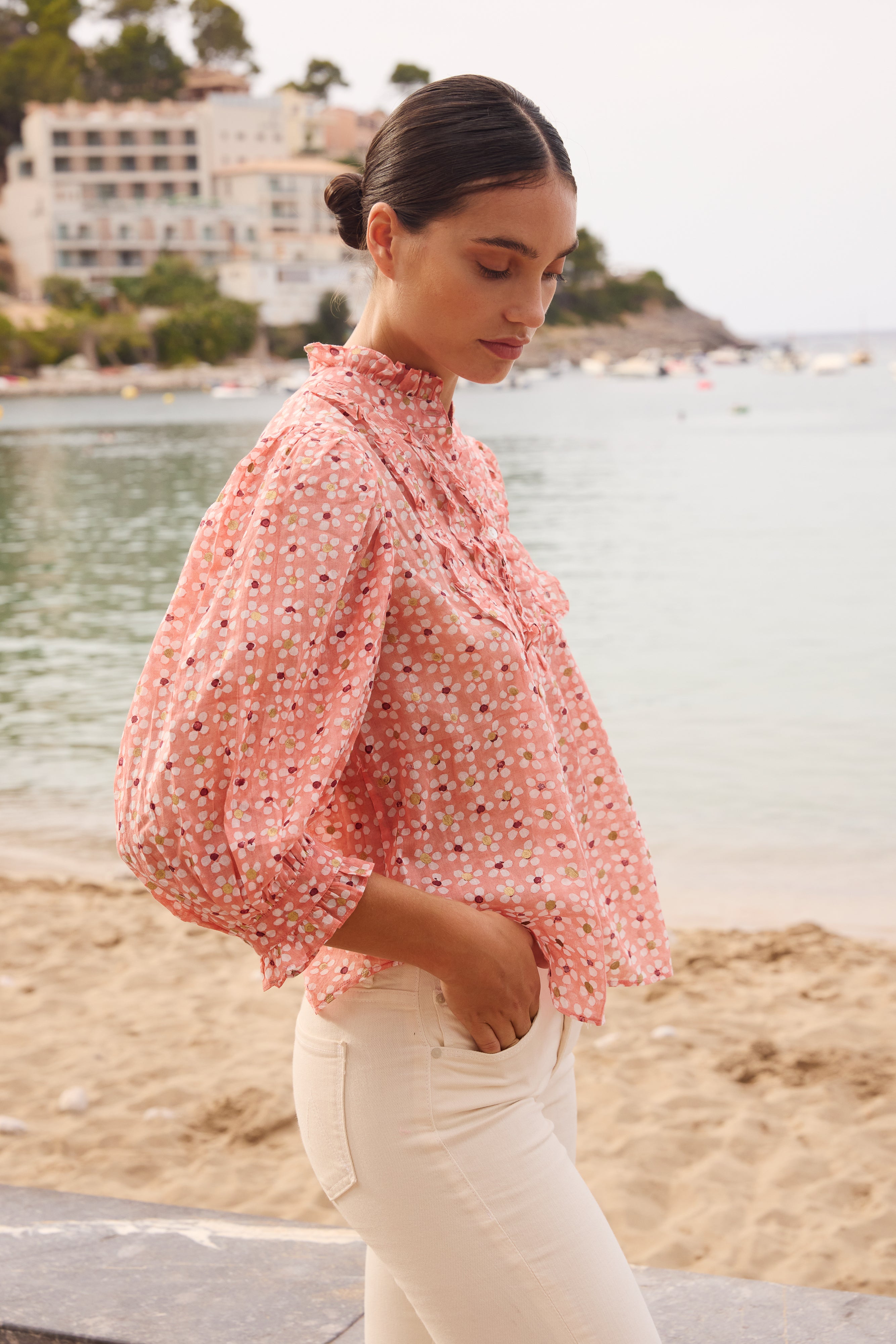 Ruffle Front Button Blouse- Aster Pink
