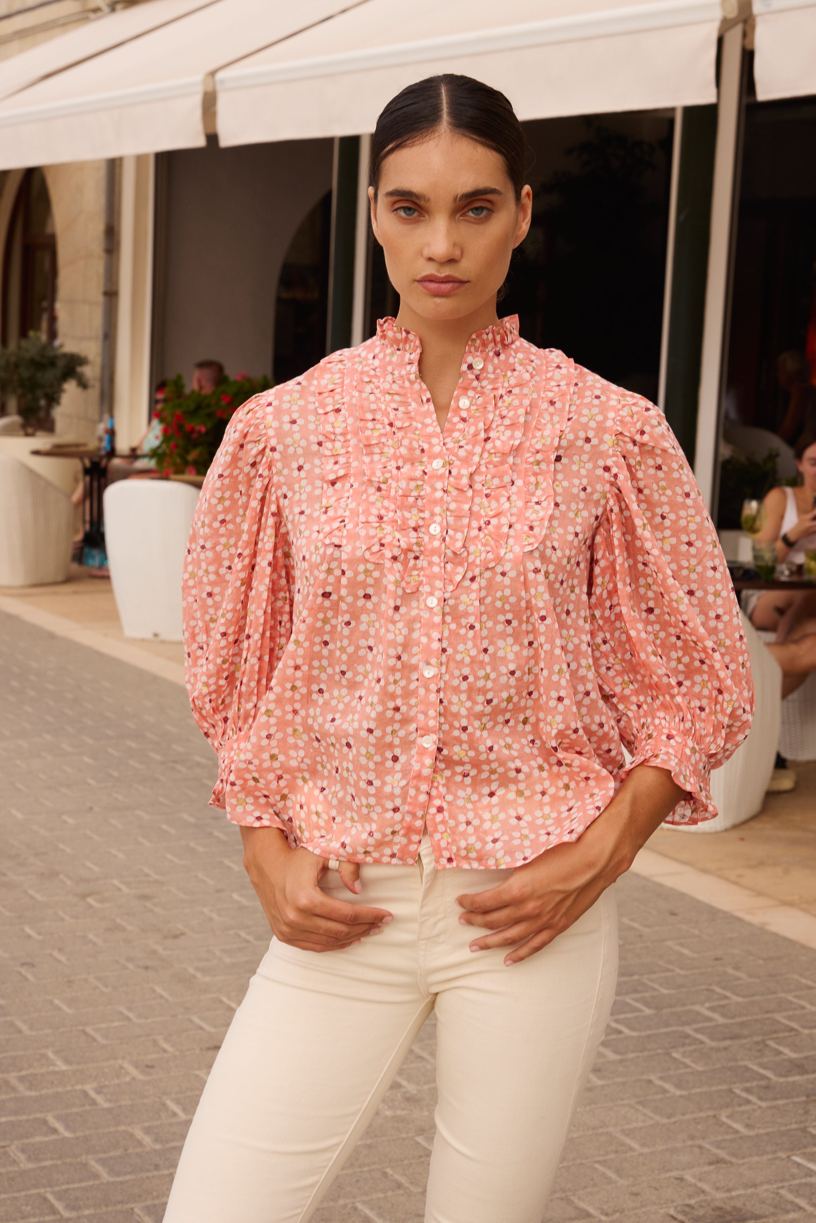 Ruffle Front Button Blouse- Aster Pink