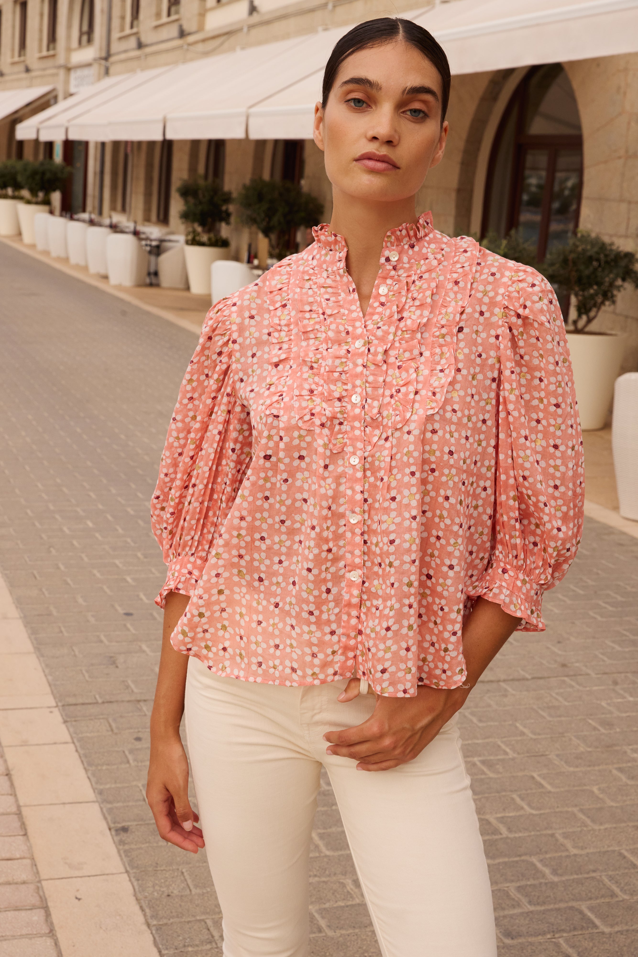 Ruffle Front Button Blouse- Aster Pink