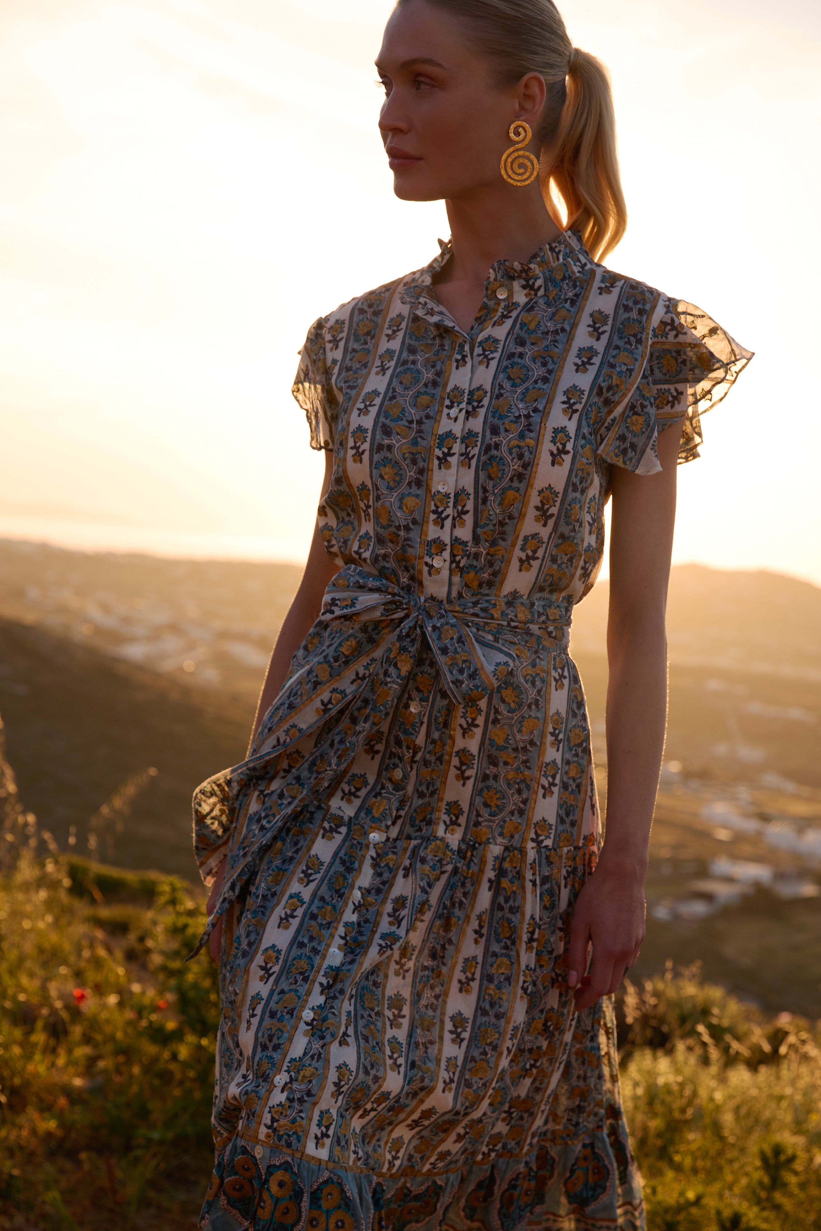 Ruffle Collar Button Maxi- Taj Blue