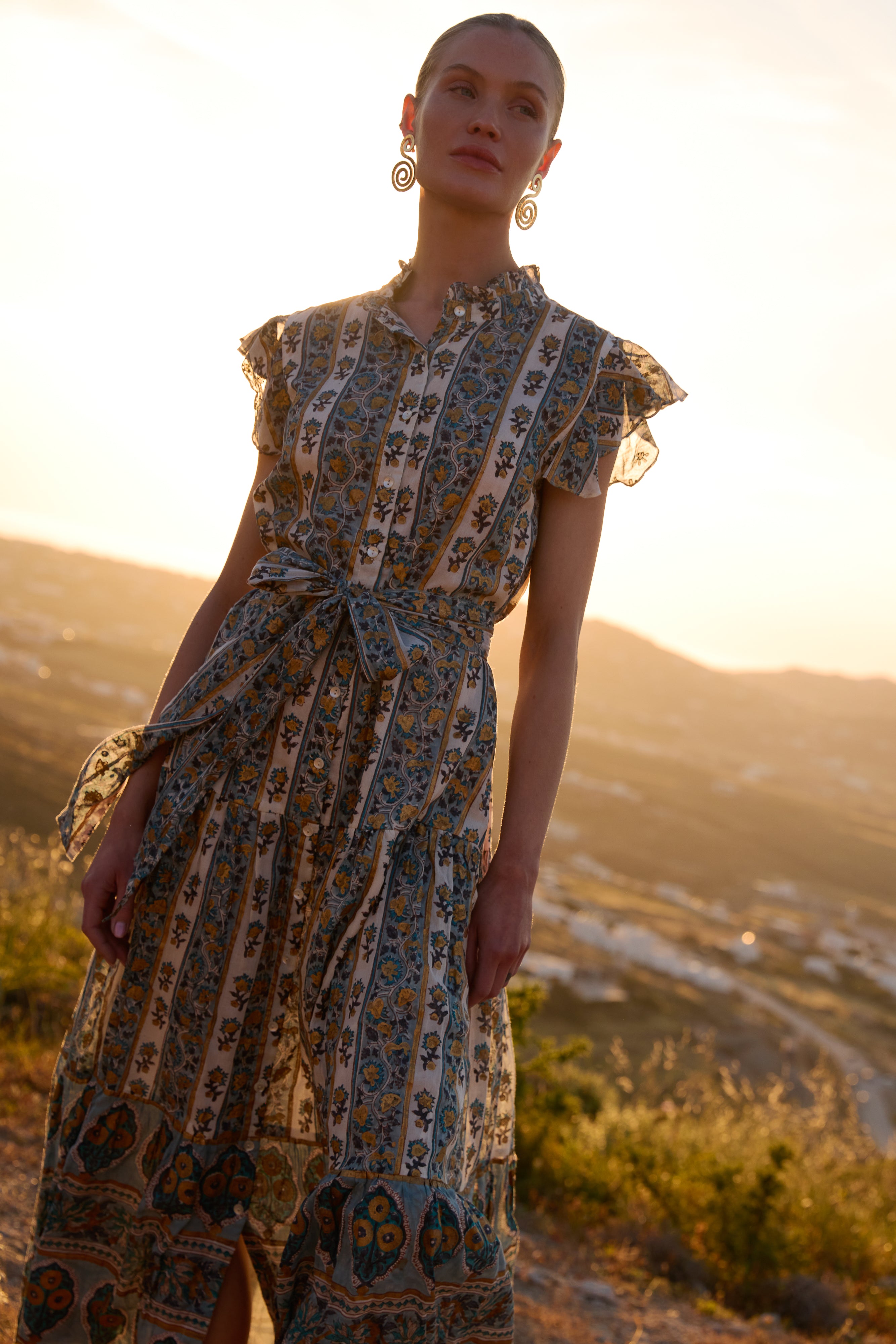 Ruffle Collar Button Maxi- Taj Blue