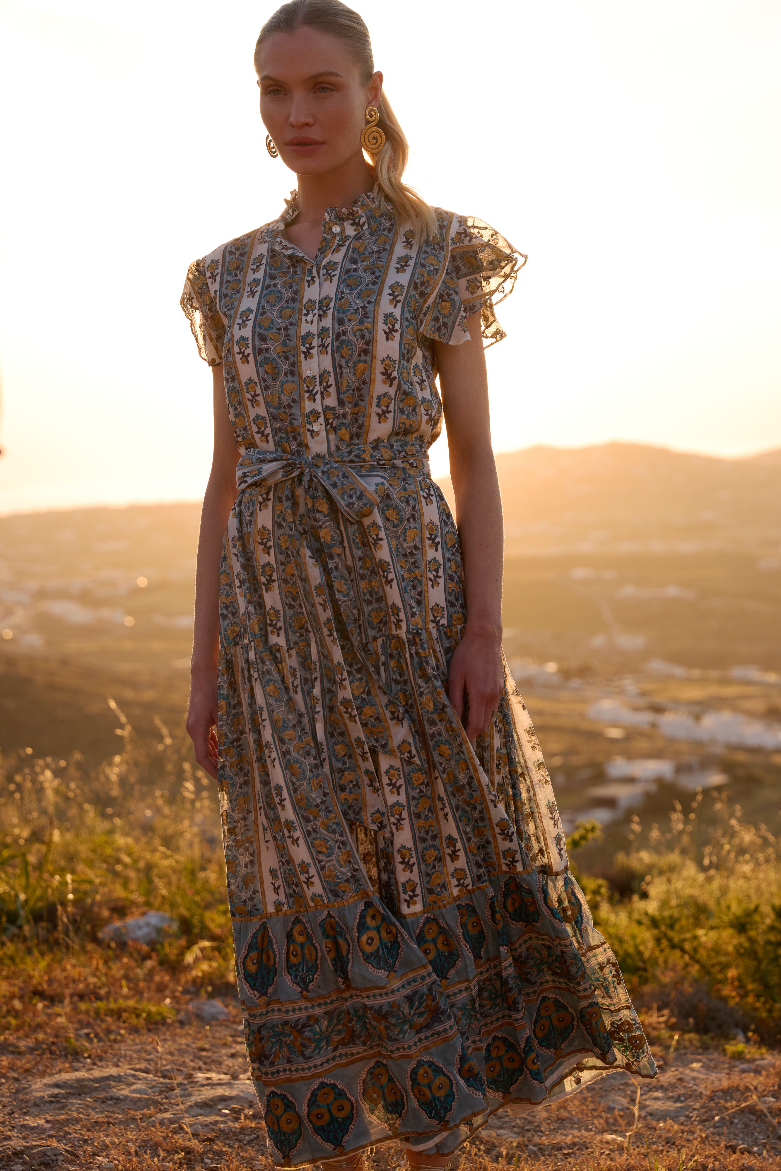 Ruffle Collar Button Maxi- Taj Blue