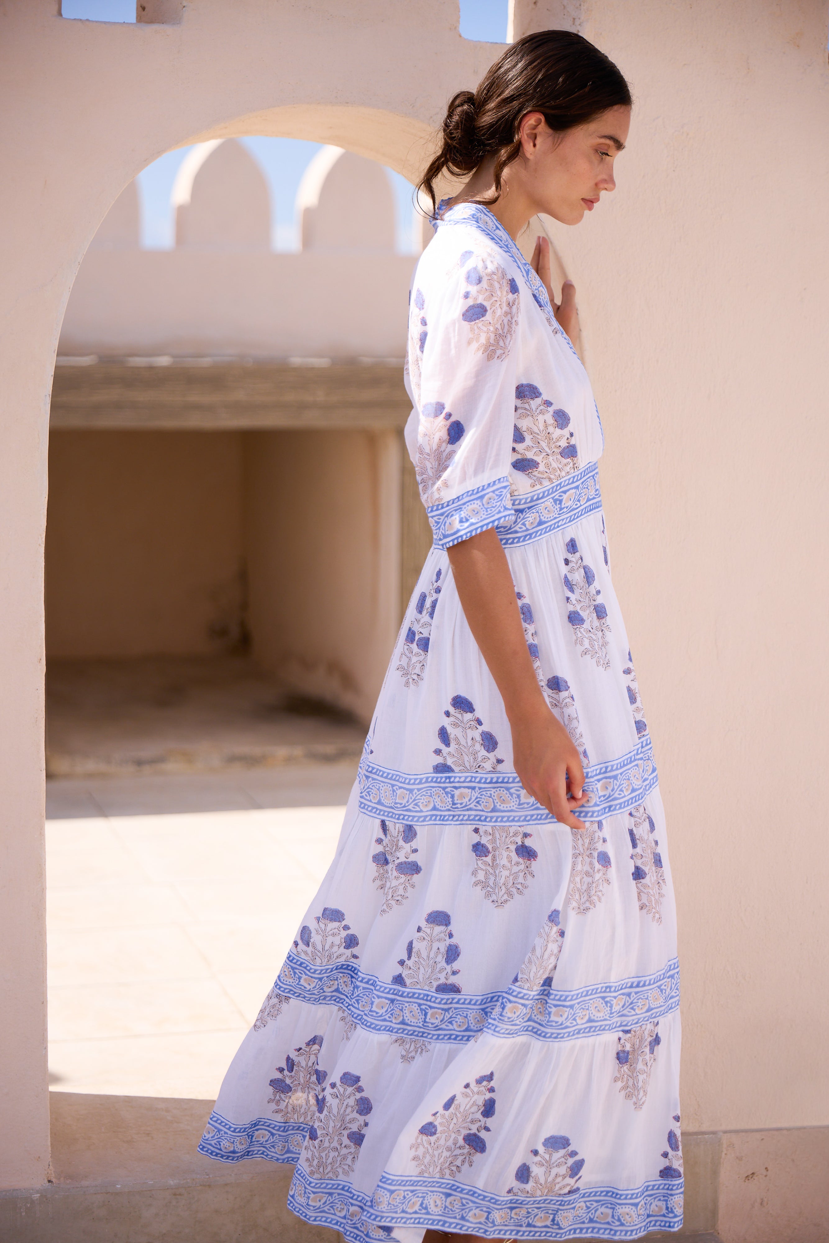 V-Neck Cuffed Maxi- Laguna Blue