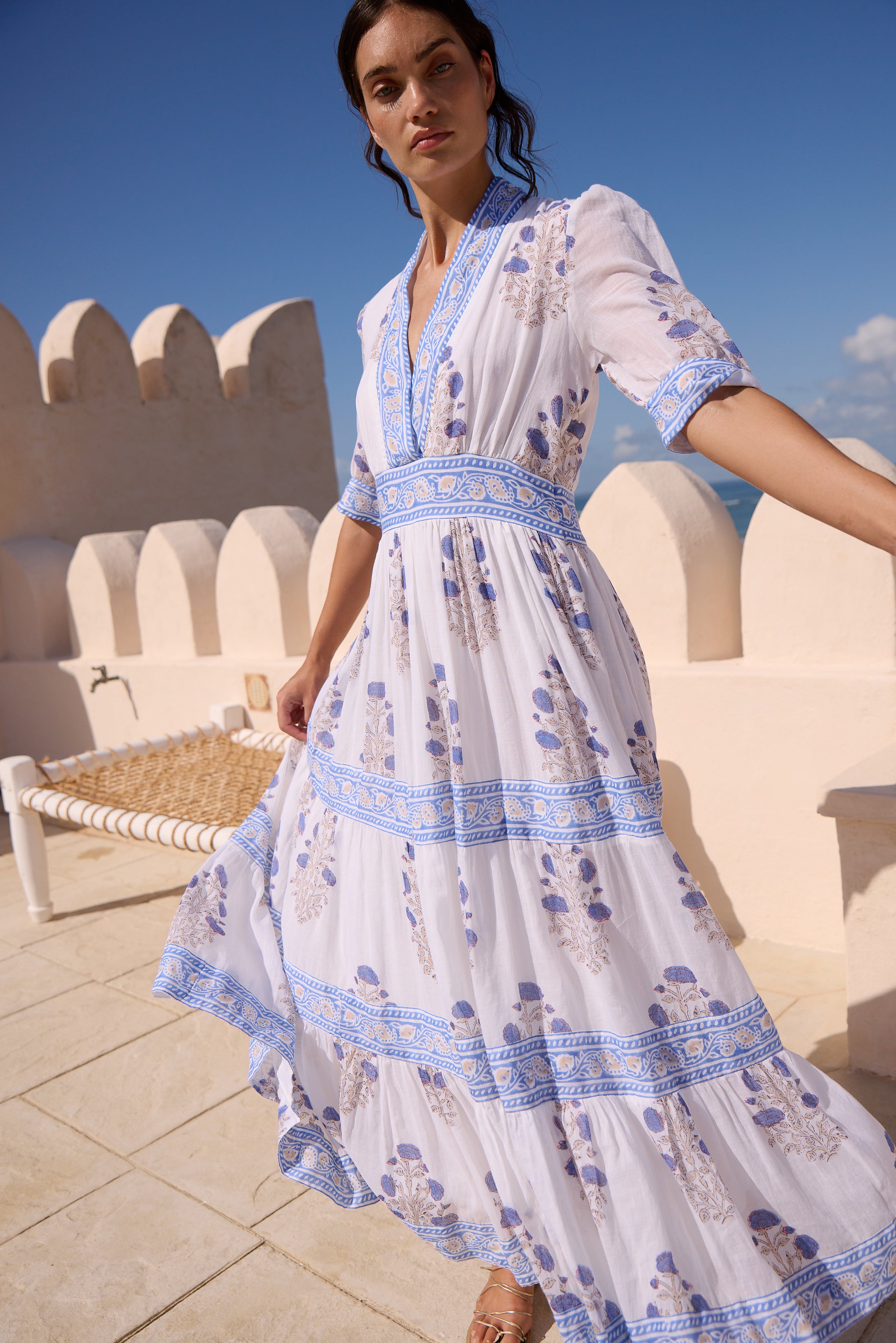 V-Neck Cuffed Maxi- Laguna Blue