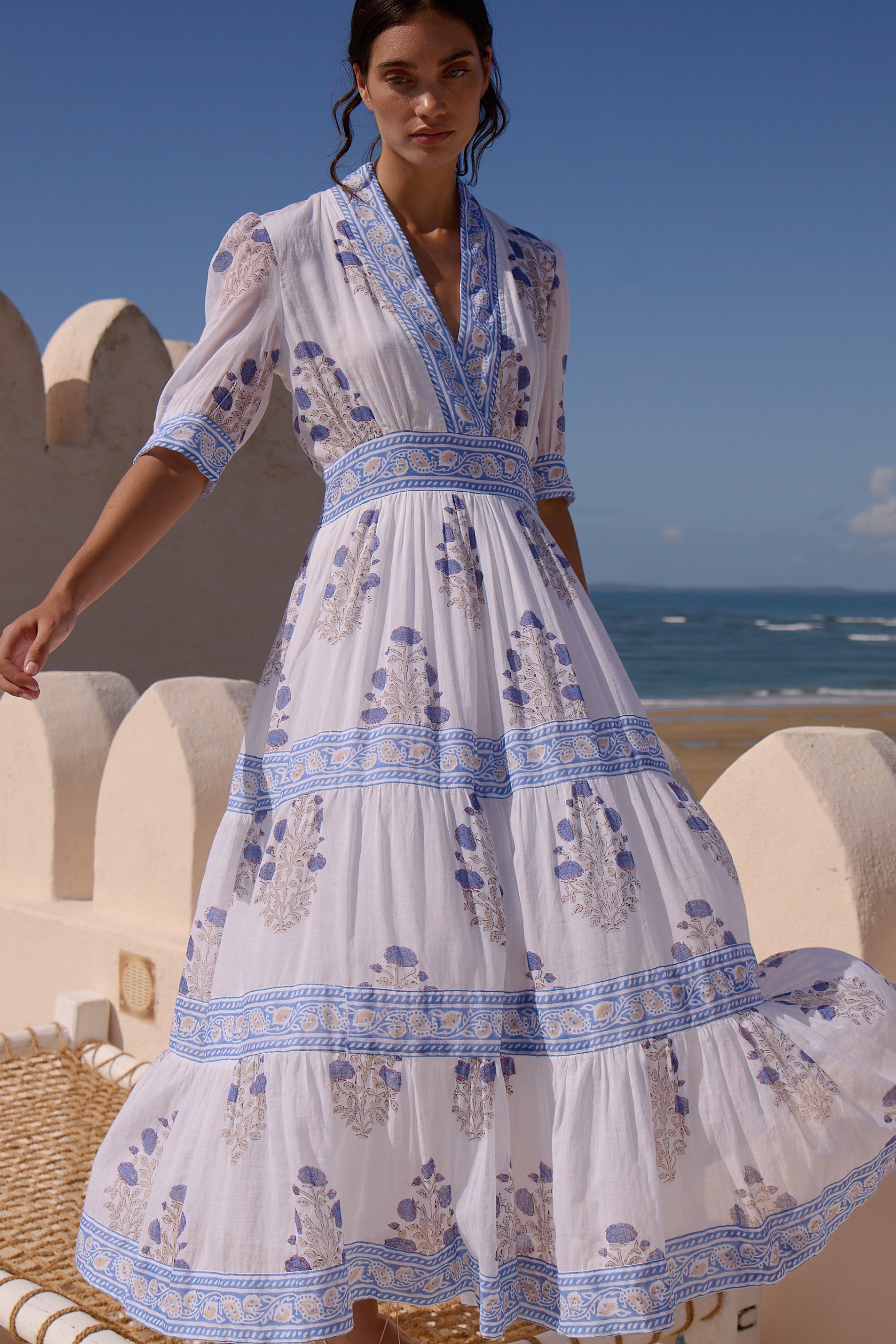 V-Neck Cuffed Maxi- Laguna Blue