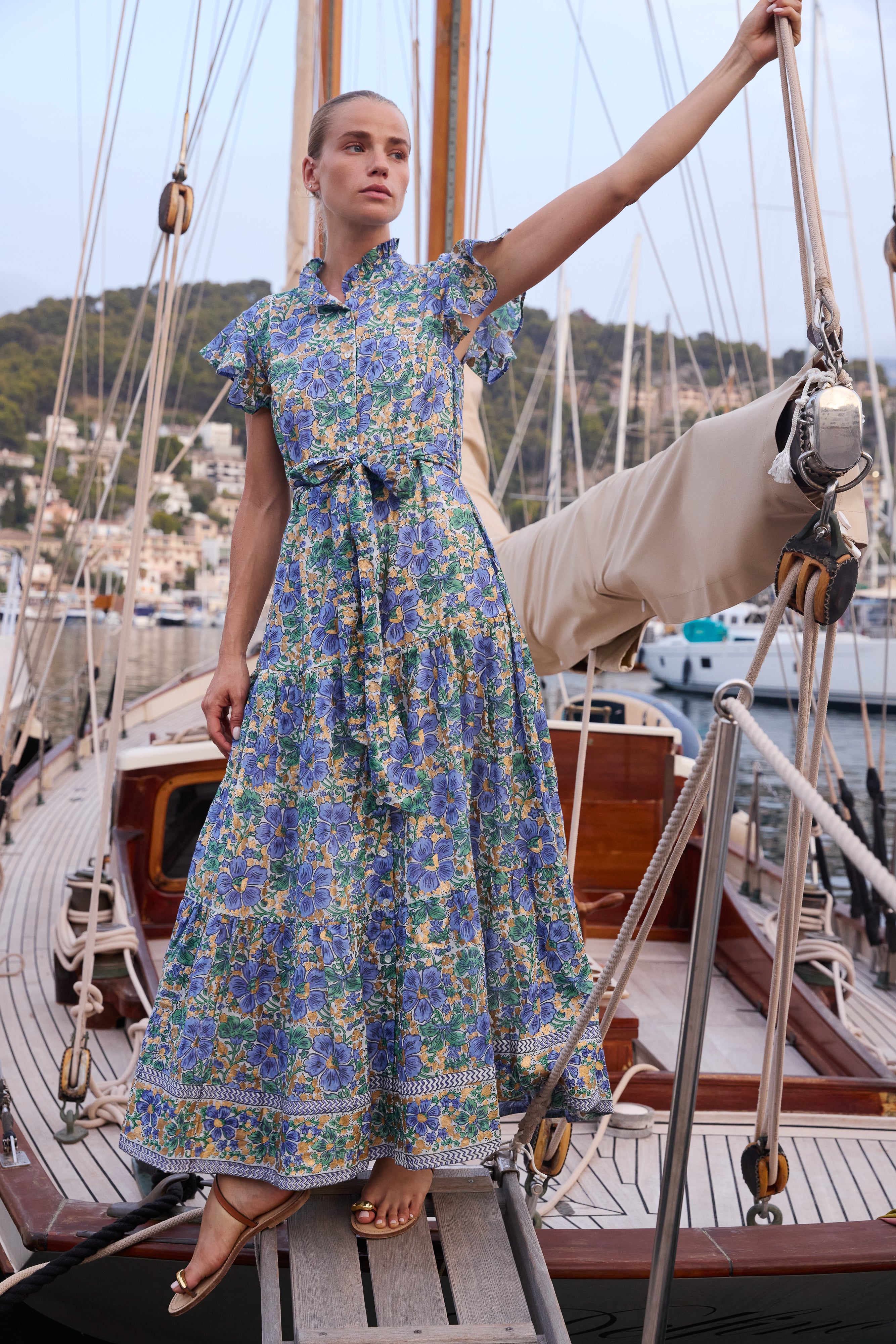 Ruffle Collar Button Maxi- Matera Blue