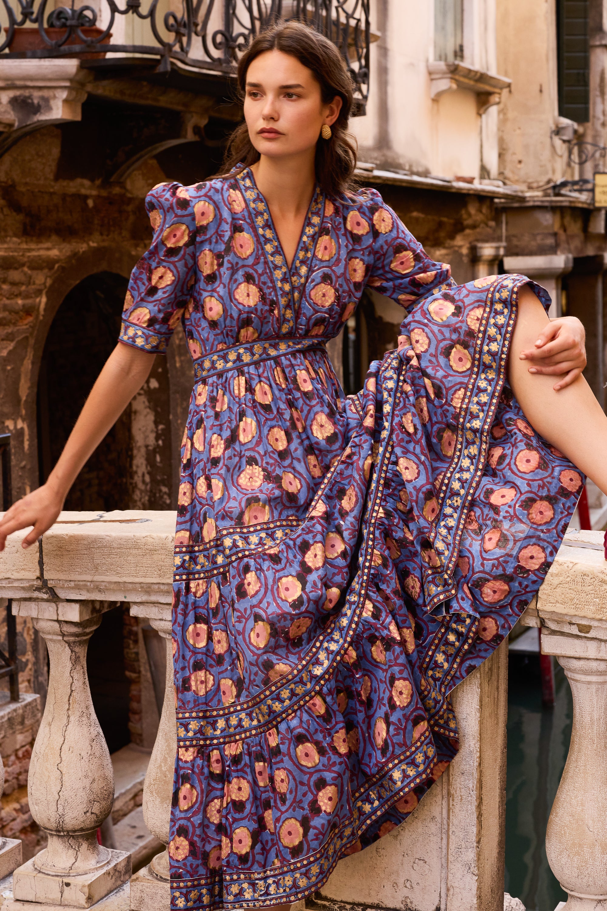 V-Neck Cuffed Maxi- Verona Blue