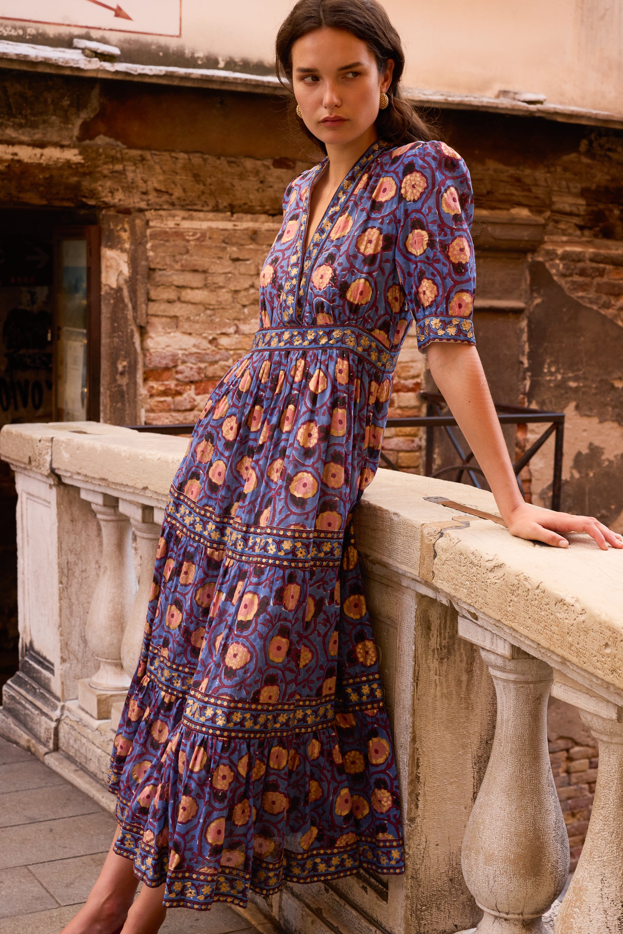 V-Neck Cuffed Maxi- Verona Blue