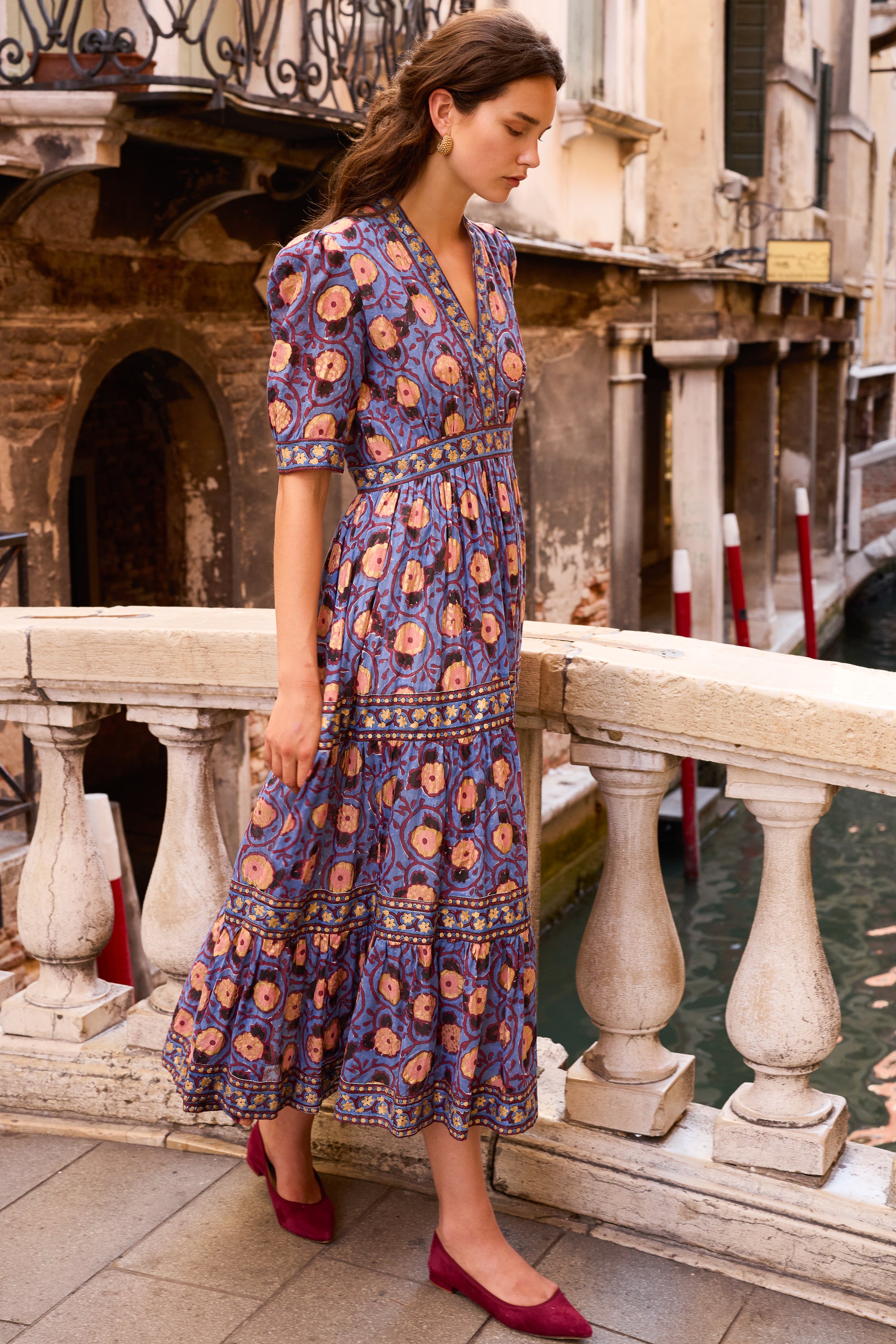 V-Neck Cuffed Maxi- Verona Blue