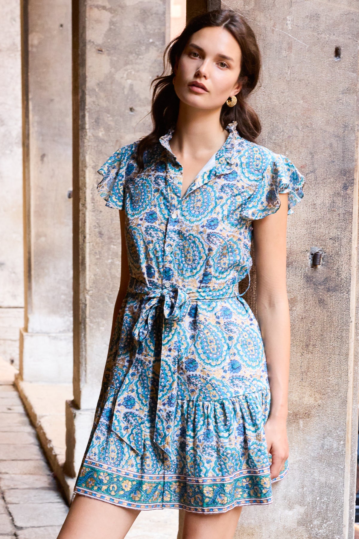 Ruffle Collar Button Mini- Izmir Teal