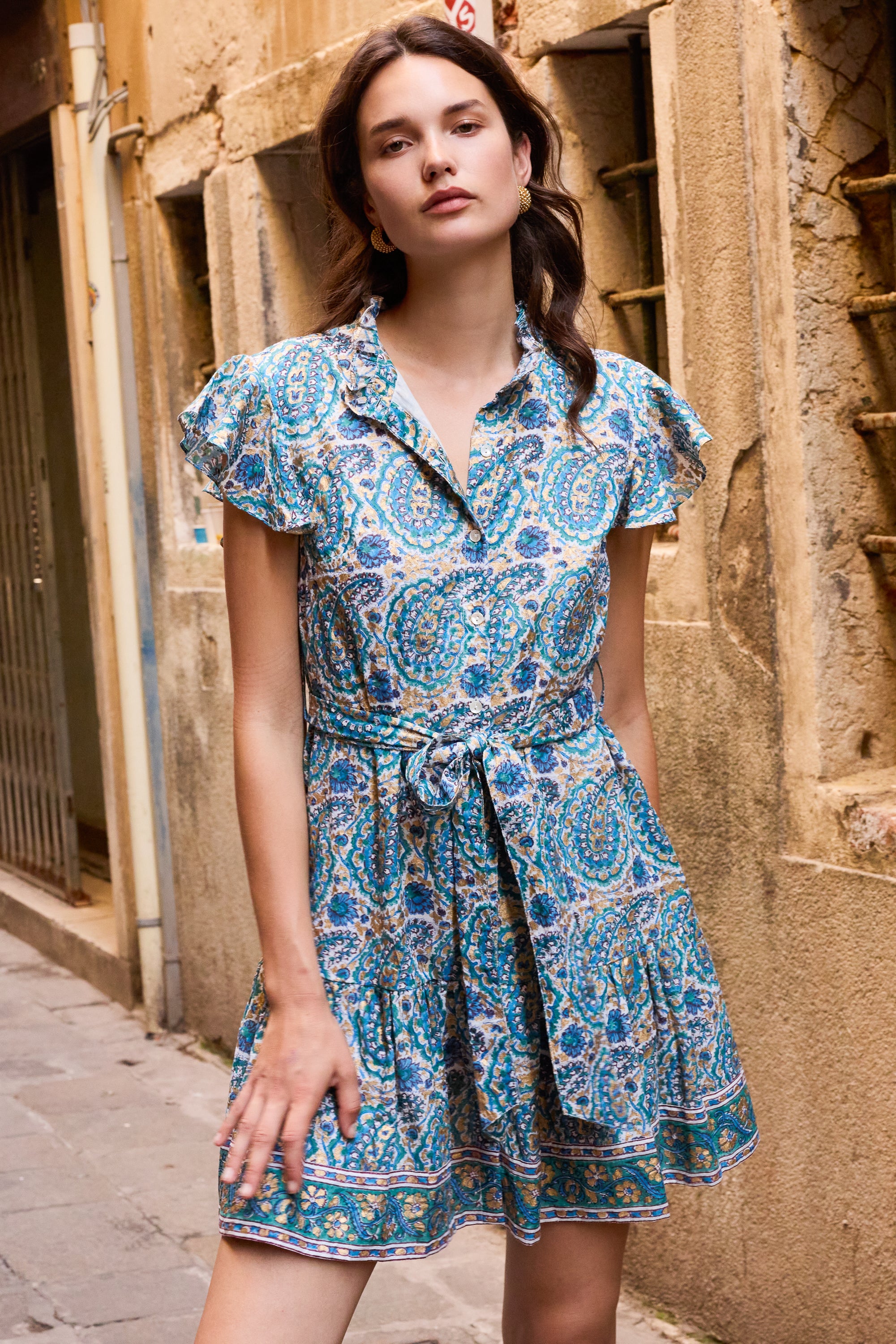 Ruffle Collar Button Mini- Izmir Teal