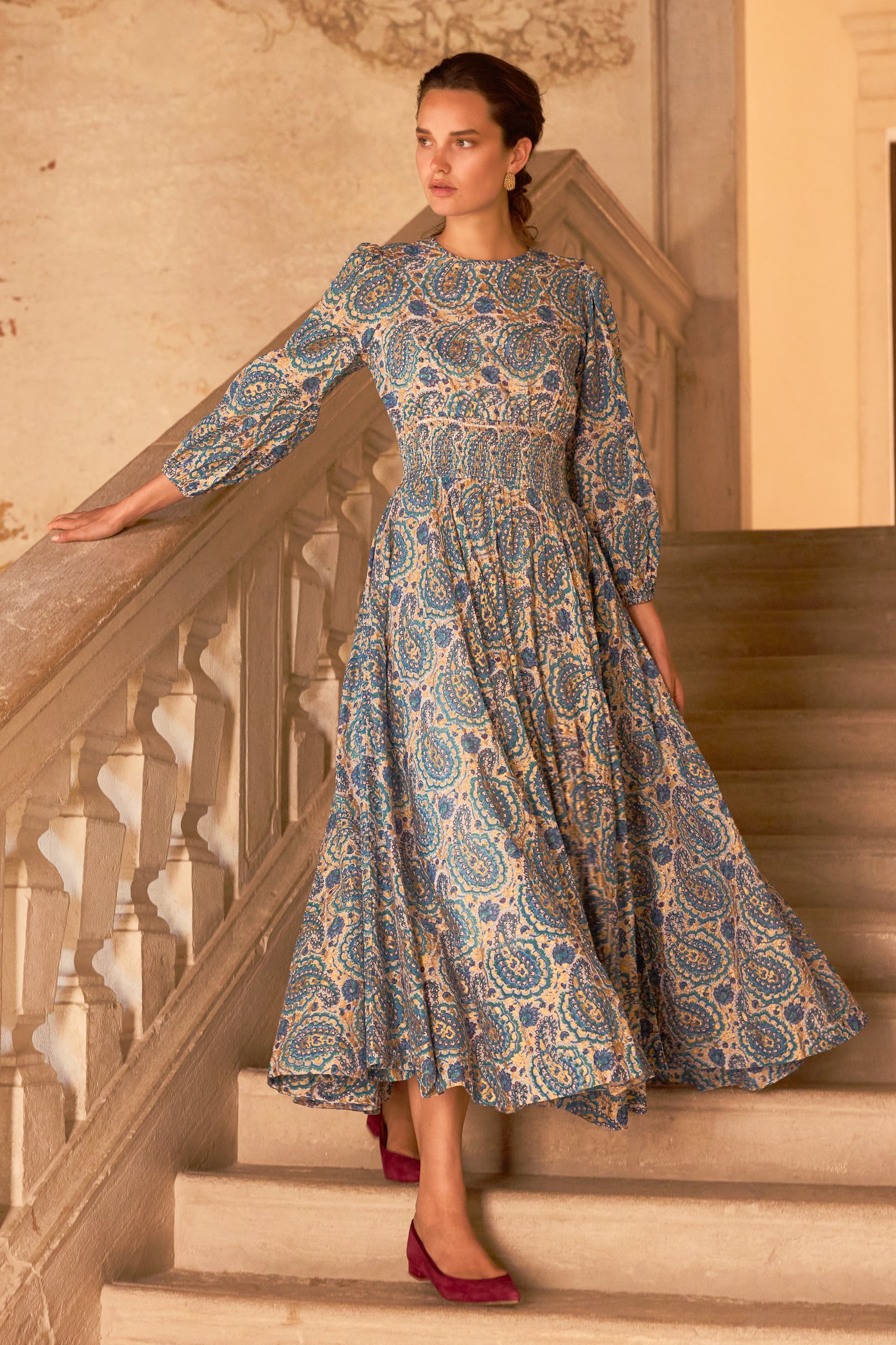 Smocked Waist Crewneck Maxi- Izmir Teal
