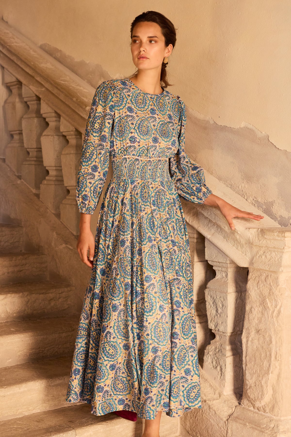 Smocked Waist Crewneck Maxi- Izmir Teal