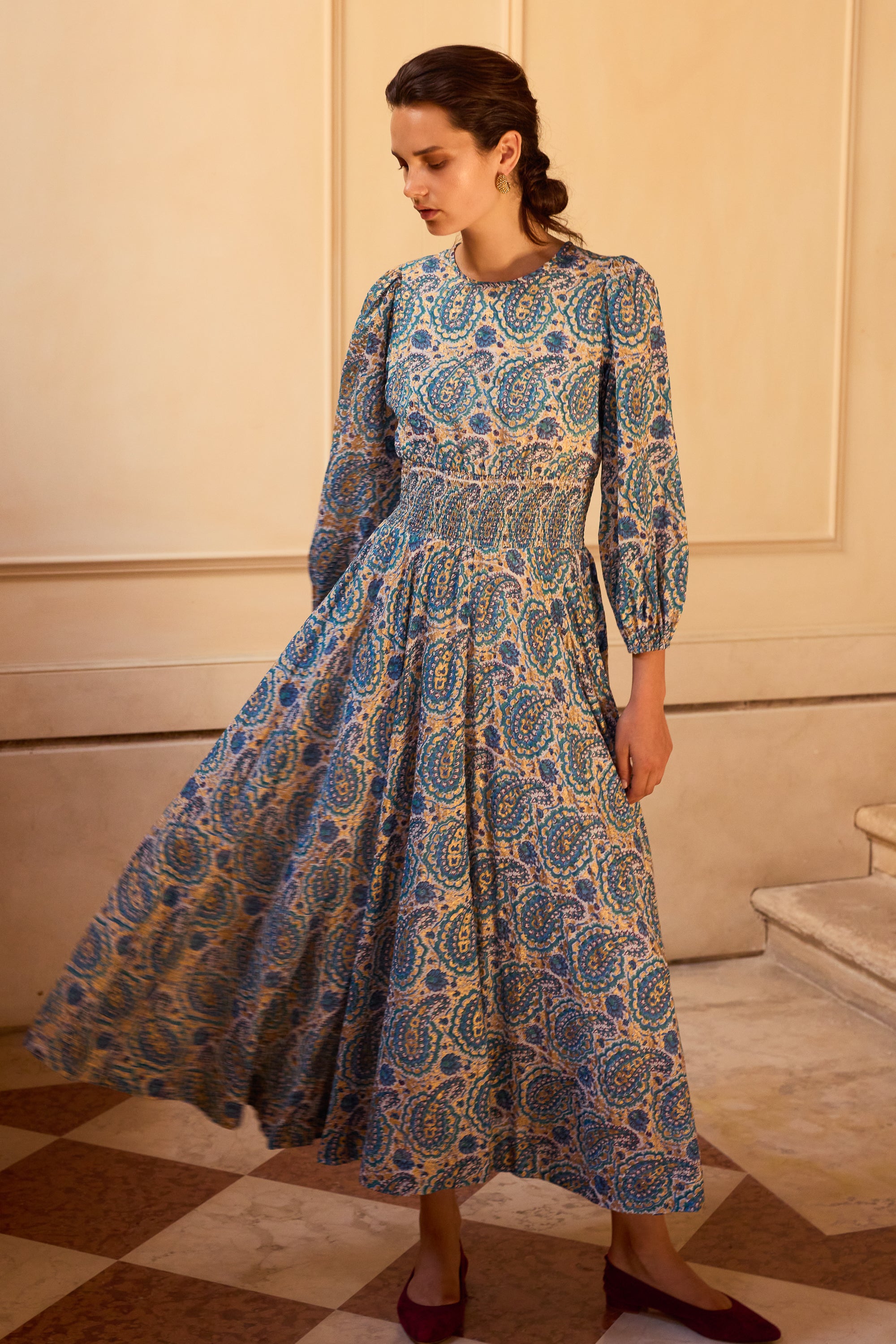 Smocked Waist Crewneck Maxi- Izmir Teal