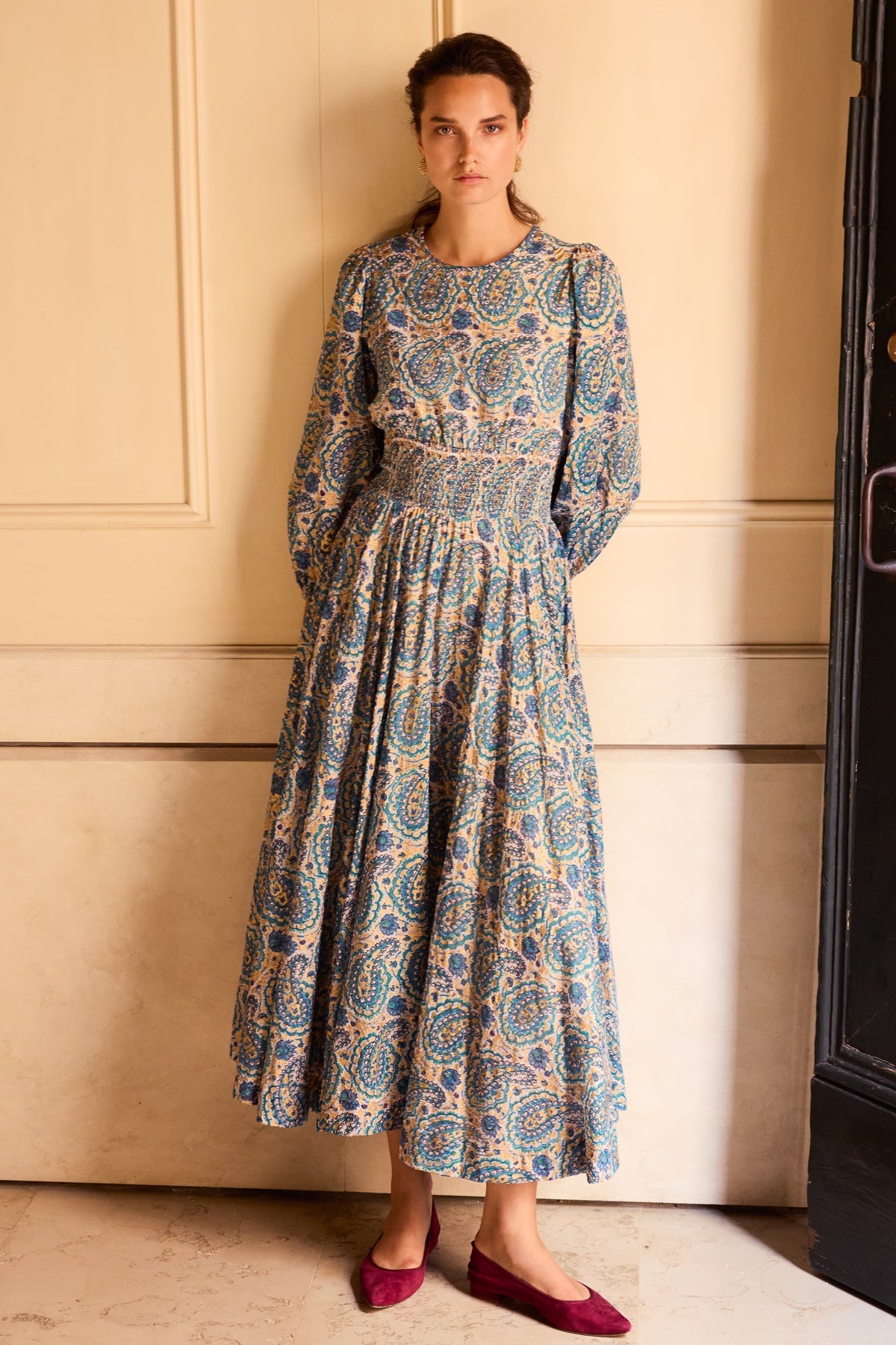 Smocked Waist Crewneck Maxi- Izmir Teal