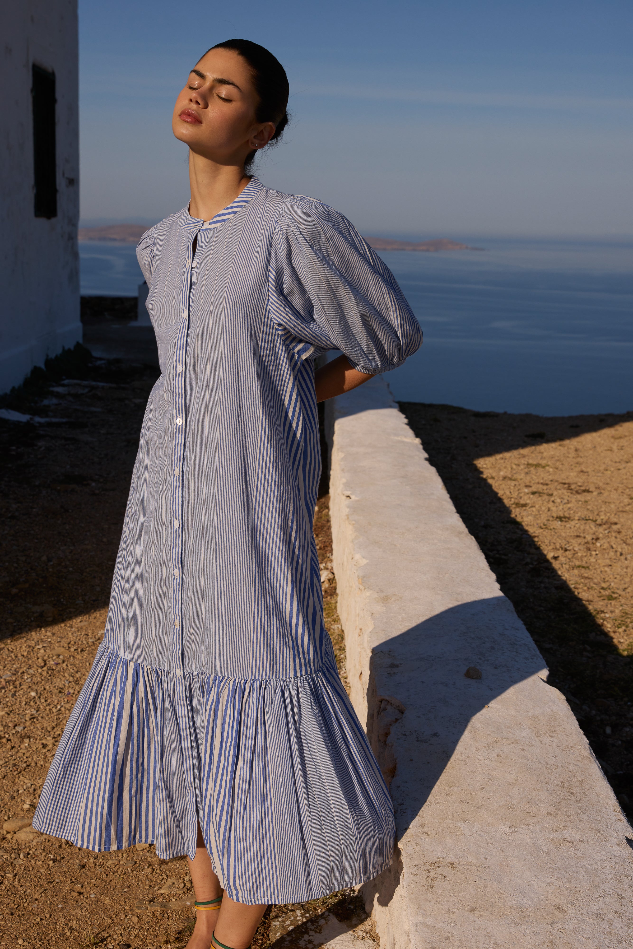 Button Puff Midi- Henley Blue