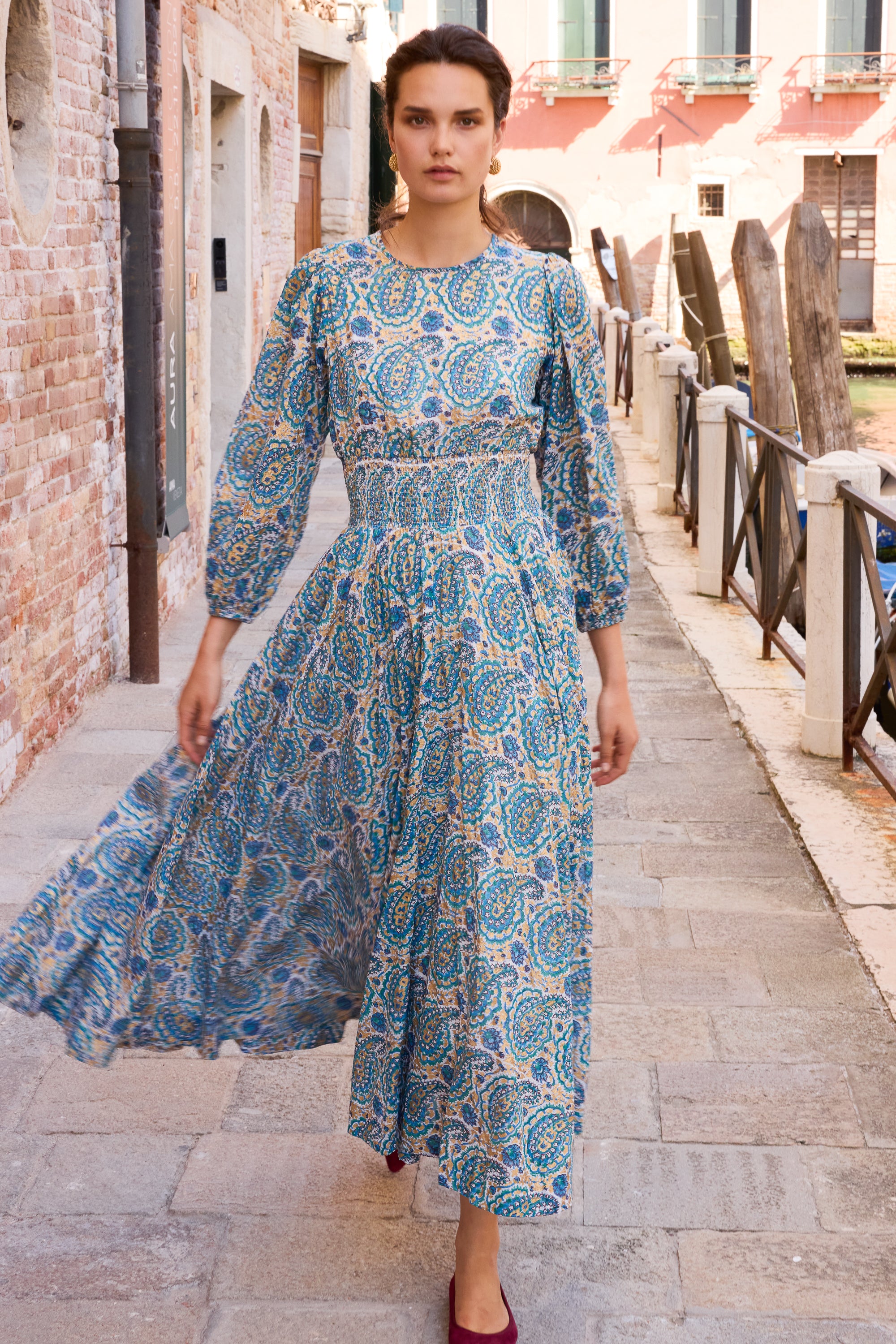 Smocked Waist Crewneck Maxi- Izmir Teal